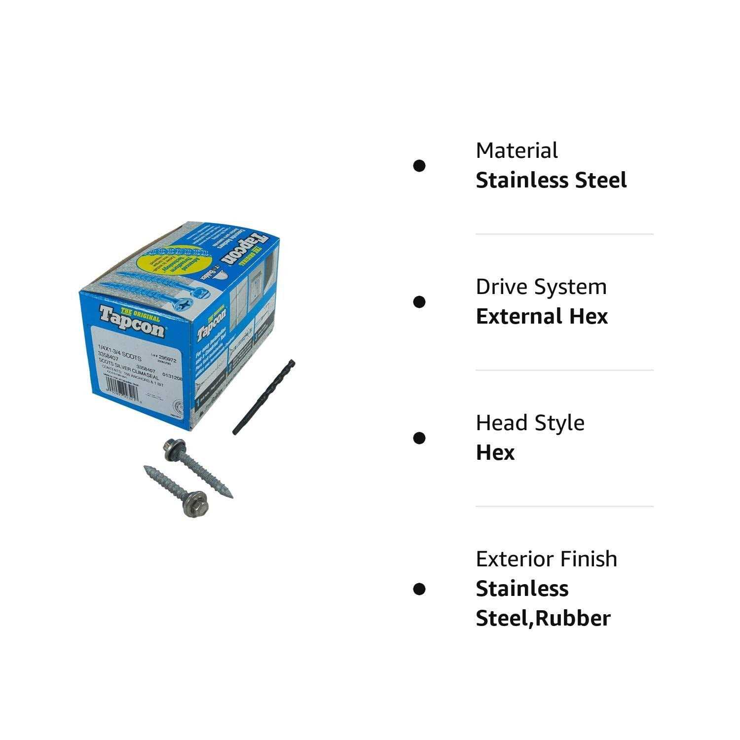 Tapcon Scots 1/4 x 1-3/4 Stainless Steel Hex Head ClimaSeal Concrete Anchor Screws 3358407 - Cheap Fitting