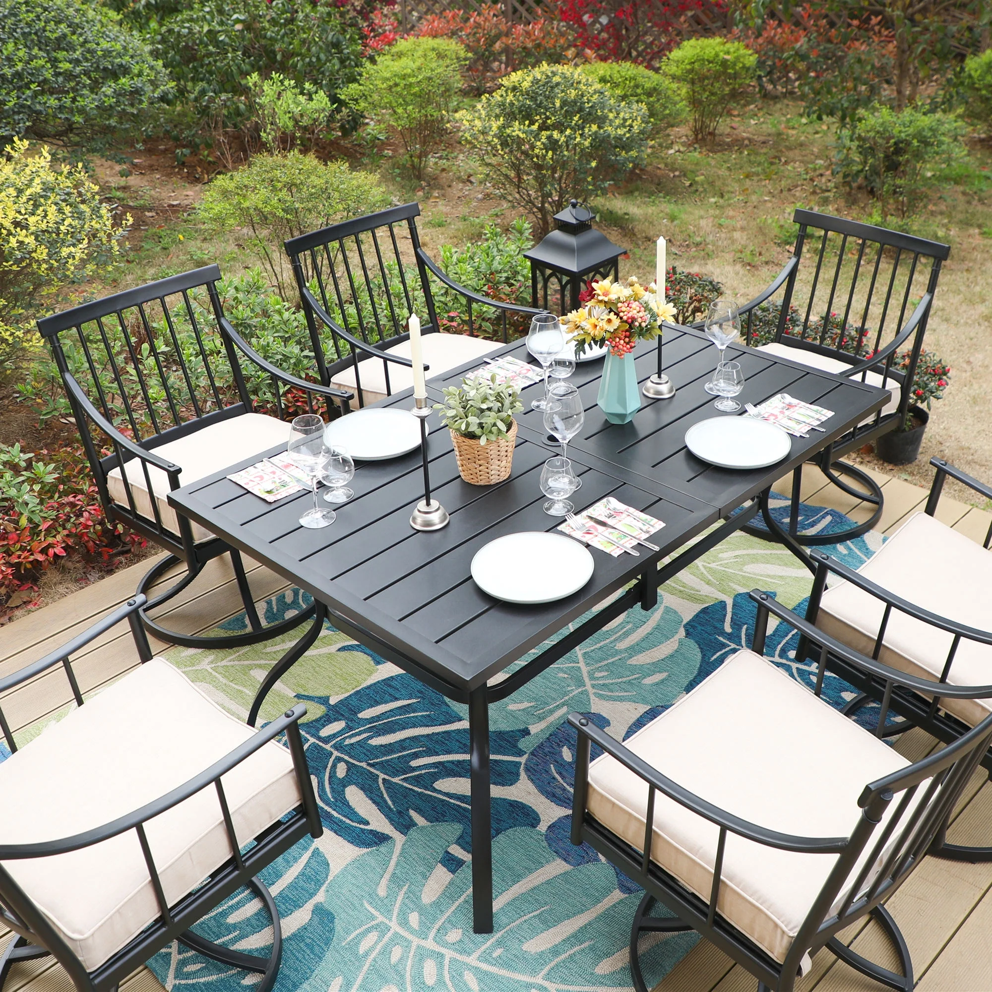 MF Studio 6-Person Outdoor Rectangular Metal Dining Table with Umbrella Hole, All-Weather Resistance, Black - Cheap Fitting