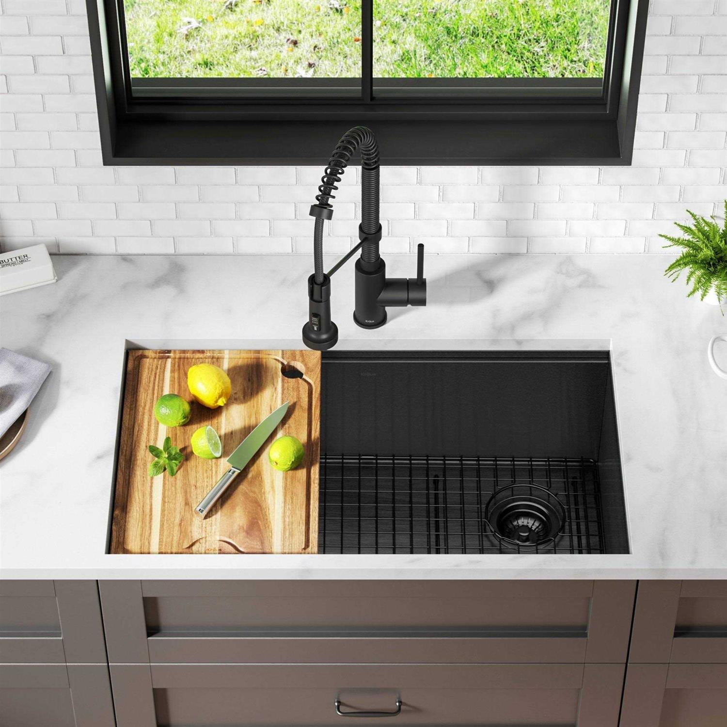 Kraus Kore Workstation 32 Undermount 16 Gauge Stainless Steel Single Bowl Kitchen Sink in PVD Gunmetal Finish with Accessories KWU110-32/PGM - Cheap Fitting