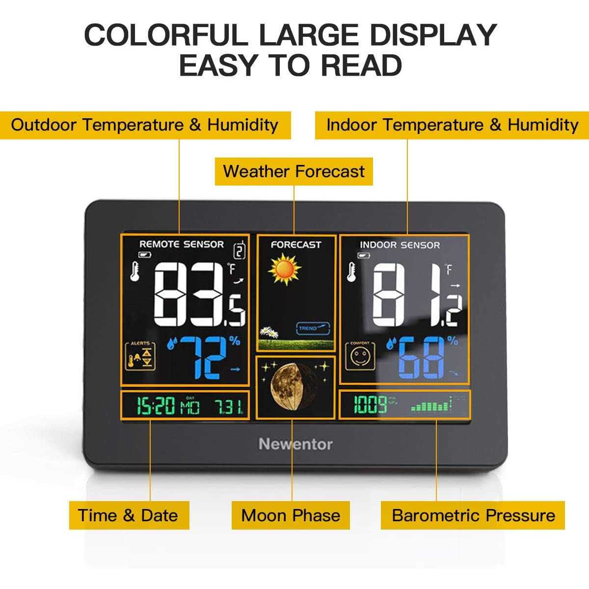 Newentor Weather Station Wireless Indoor Outdoor Thermometer Color Display Digital Weather Thermometer with Atomic Clock - Cheap Fitting