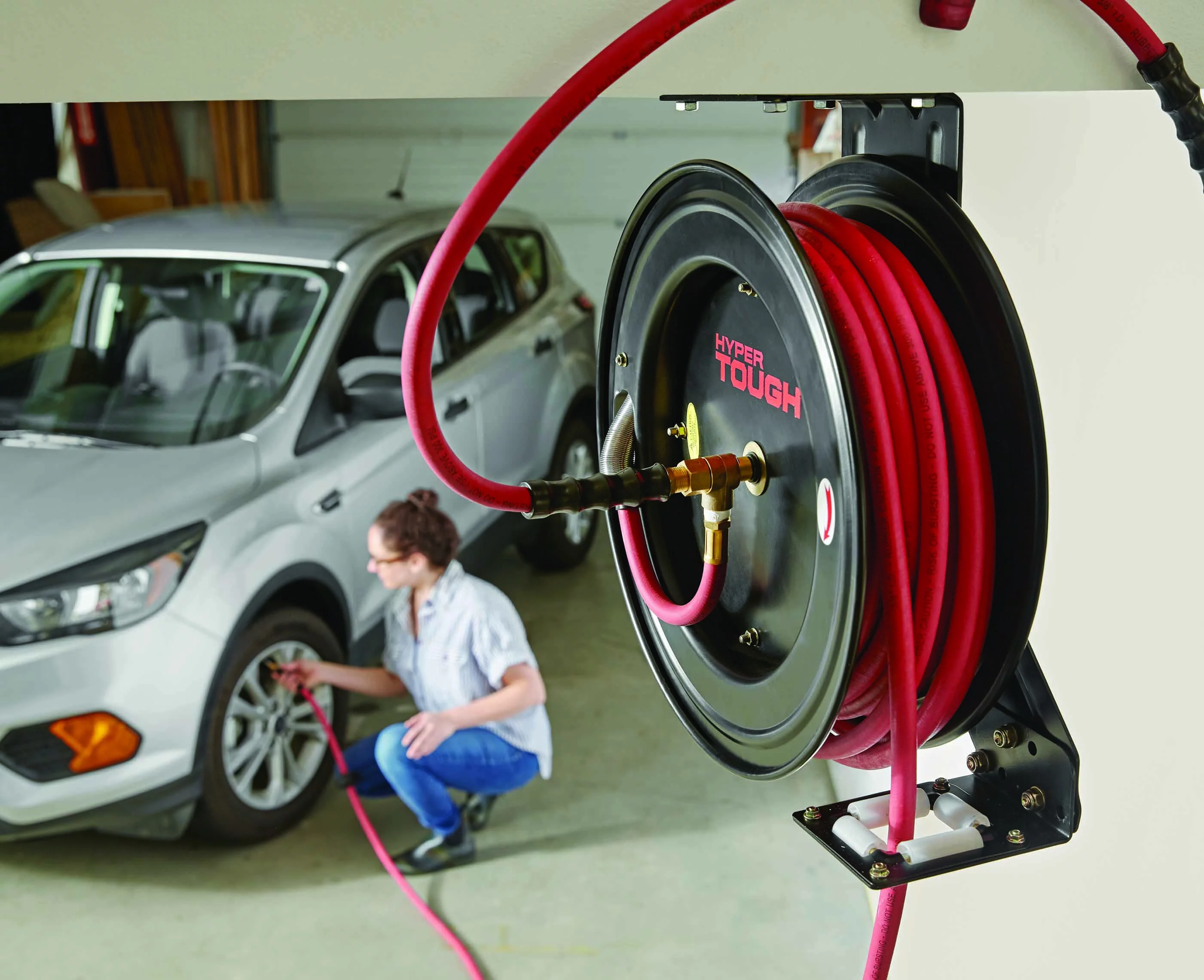 Hyper Tough Heavy Duty Steel Hose Reel - 3/8 in x 50 ft Rubber Air Hose - Cheap Fitting