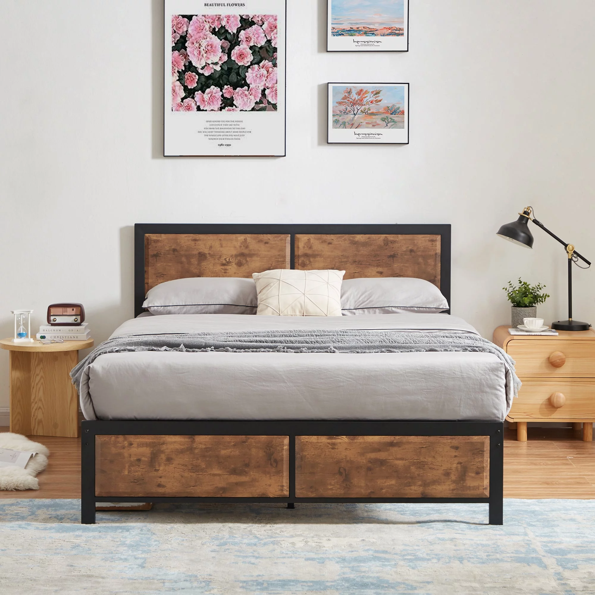 VECELO 3-Piece Bedroom Set with Queen Size Bed Frame and 1-Drawer Brown Nightstands - Cheap Fitting