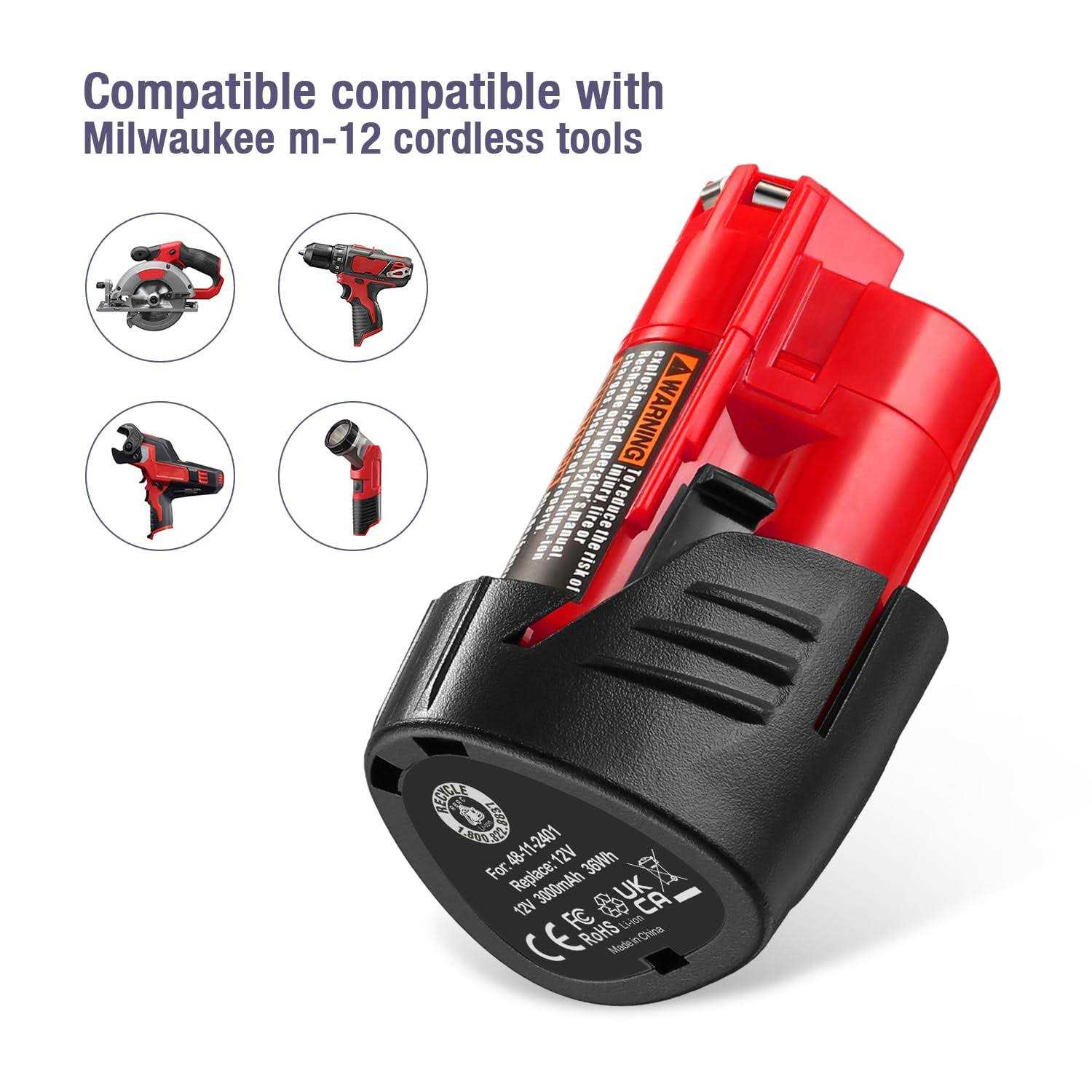 2 Pack 3000mAh M12 Replacement Battery for Milwaukee M12 Battery Compatible with Milwaukee M12 XC Cordless Power Tools Replace for 48-11-2401 - Cheap Fitting