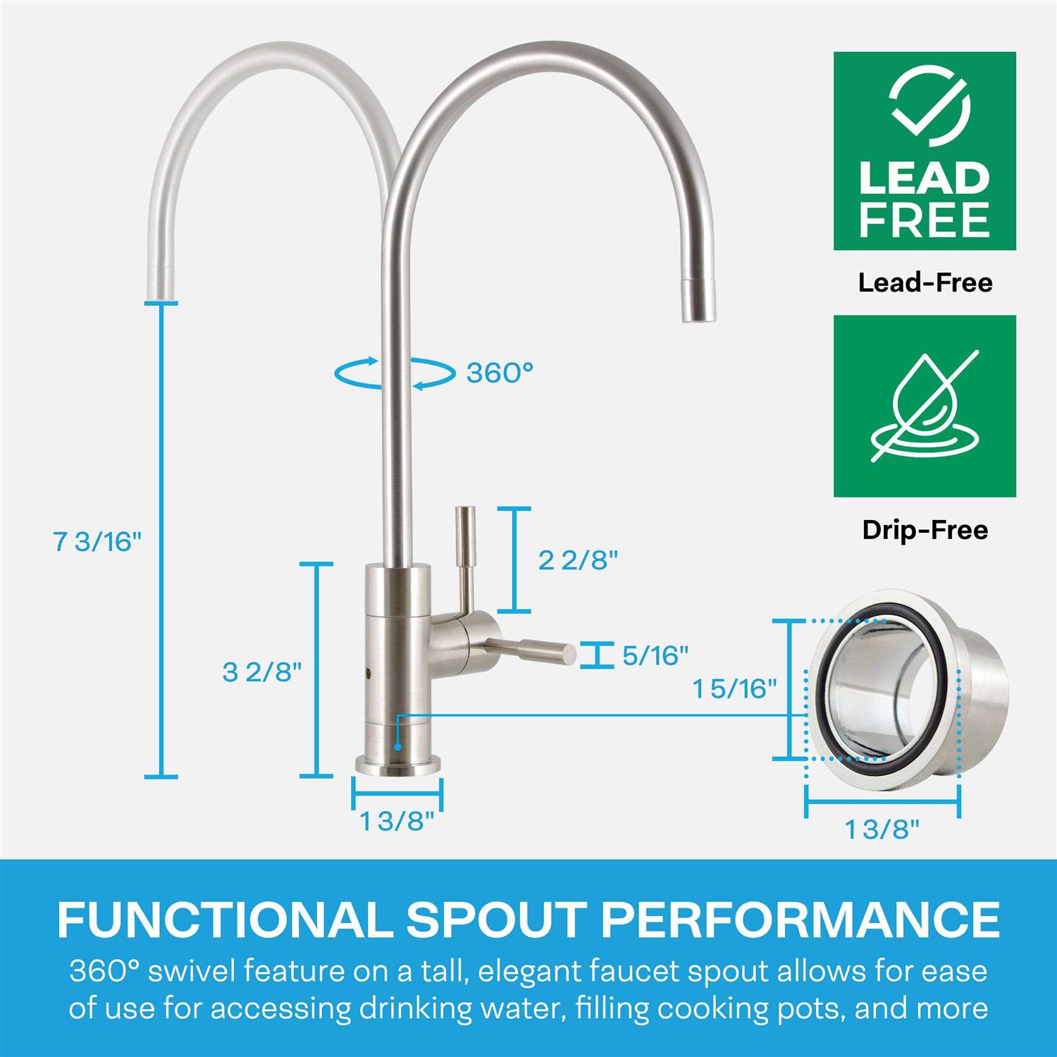 Brushed Nickel Air Gap RO Water Filter Faucet SP-FC210-NK by SpiroPure at AllFilters.com - Cheap Fitting