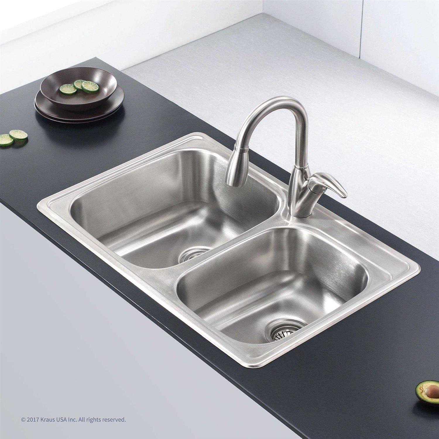 Kraus 33 Drop-In Double Bowl 60/40 Stainless Steel Kitchen Sink KTM32 - Cheap Fitting