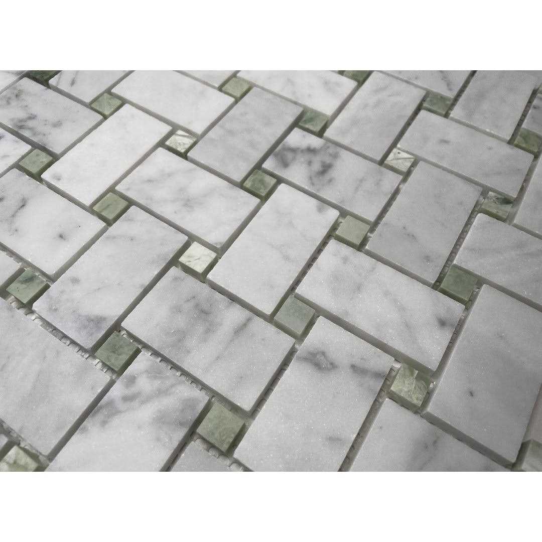 Marble Online White Carrara Marble 1×2 Basketweave Mosaic Tile Green Dots Honed - Cheap Fitting
