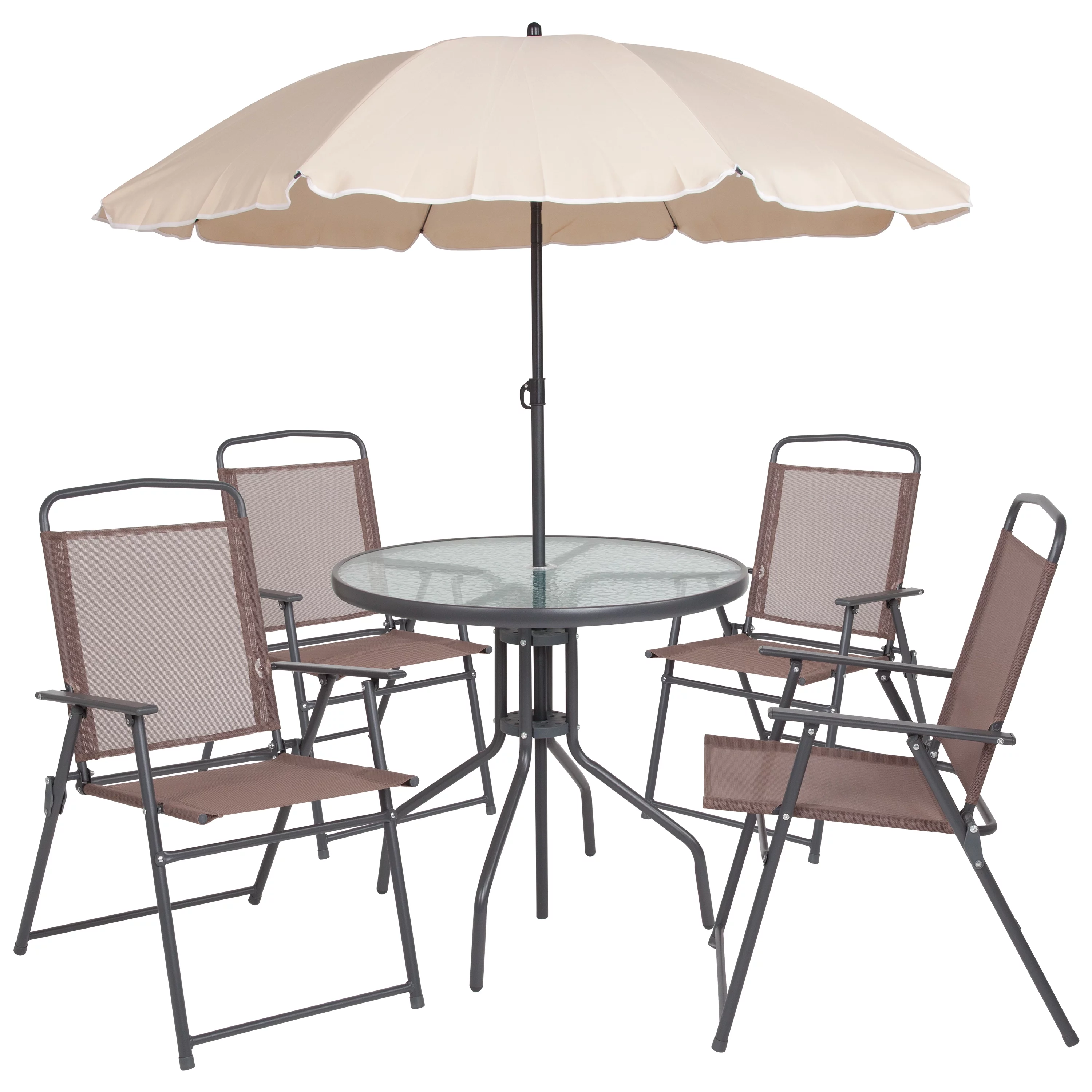 Flash Furniture Nantucket 6-Piece Patio Set with Glass Table, Umbrella, and 4 Folding Chairs, Black - Cheap Fitting
