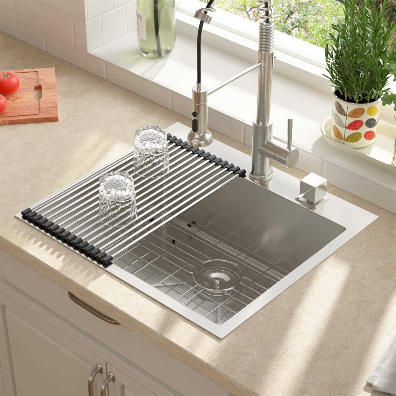25×22 Drop In Kitchen Sink Lordear 25 Inch Drop In Kitchen Sinks Stainless Steel Single Bowl 16 Gauge Topmount Sinks 25 x 22 x 10 With Rack - Cheap Fitting