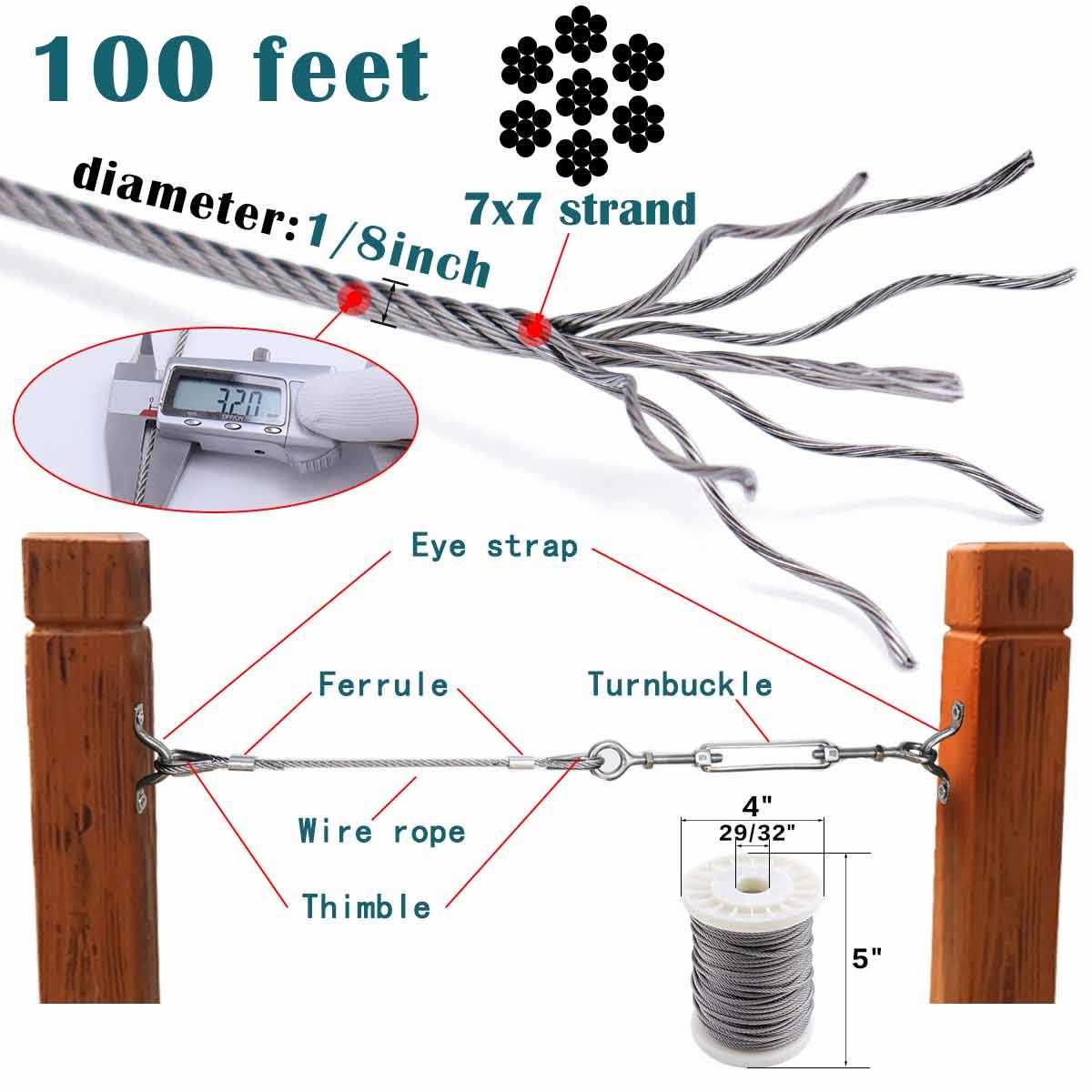 Muzata 1/8 Wire Rope T316 Stainless Steel Marine Grade for 1/8 Cable Railing System Decking Aircraft Cable Hardware 7×7 Strands Indoor - Cheap Fitting