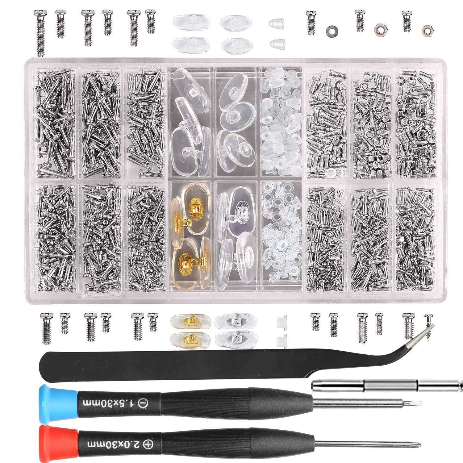 bayite Eyeglass Sunglass Repair Kit with Nose Pads Screws Tweezers Screwdriver 21 Types 1000pcs Assortment Screws for Watch - Cheap Fitting