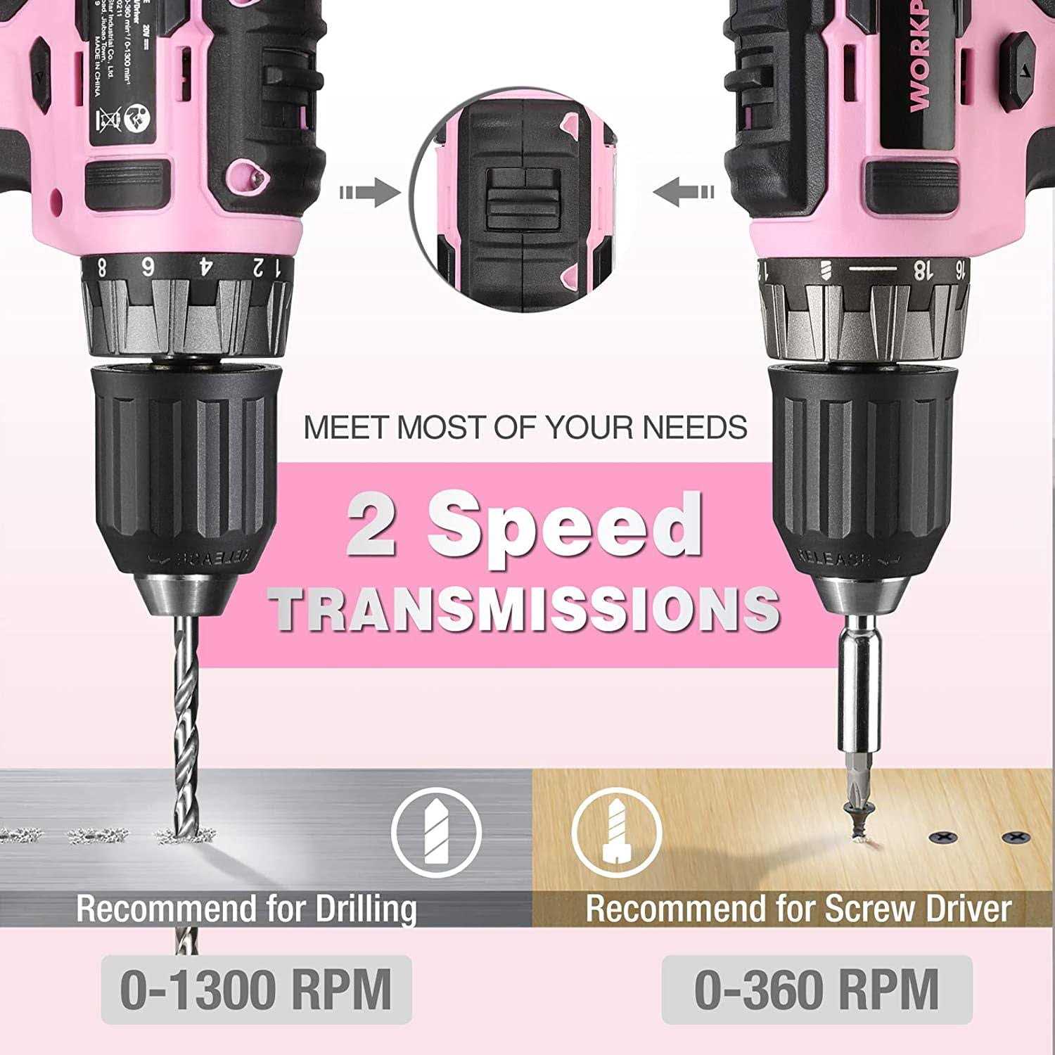 WORKPRO 20V Pink Cordless Drill Driver Set, 3/8 Keyless Chuck, 2.0 Ah Li-Ion Battery, 1 Hour Fast Charger and 11-inch Storage Bag Included - Cheap Fitting
