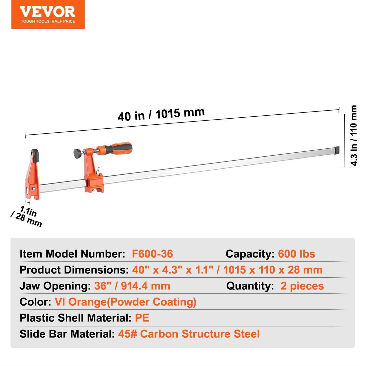 VEVOR Bar Clamps for Woodworking, 2-Pack 36 Clamp/Spreader, Quick-Change F Clamp with 600 lbs Load Limit, 2.5 Throat Depth, Cast Iron and Carbon - Cheap Fitting