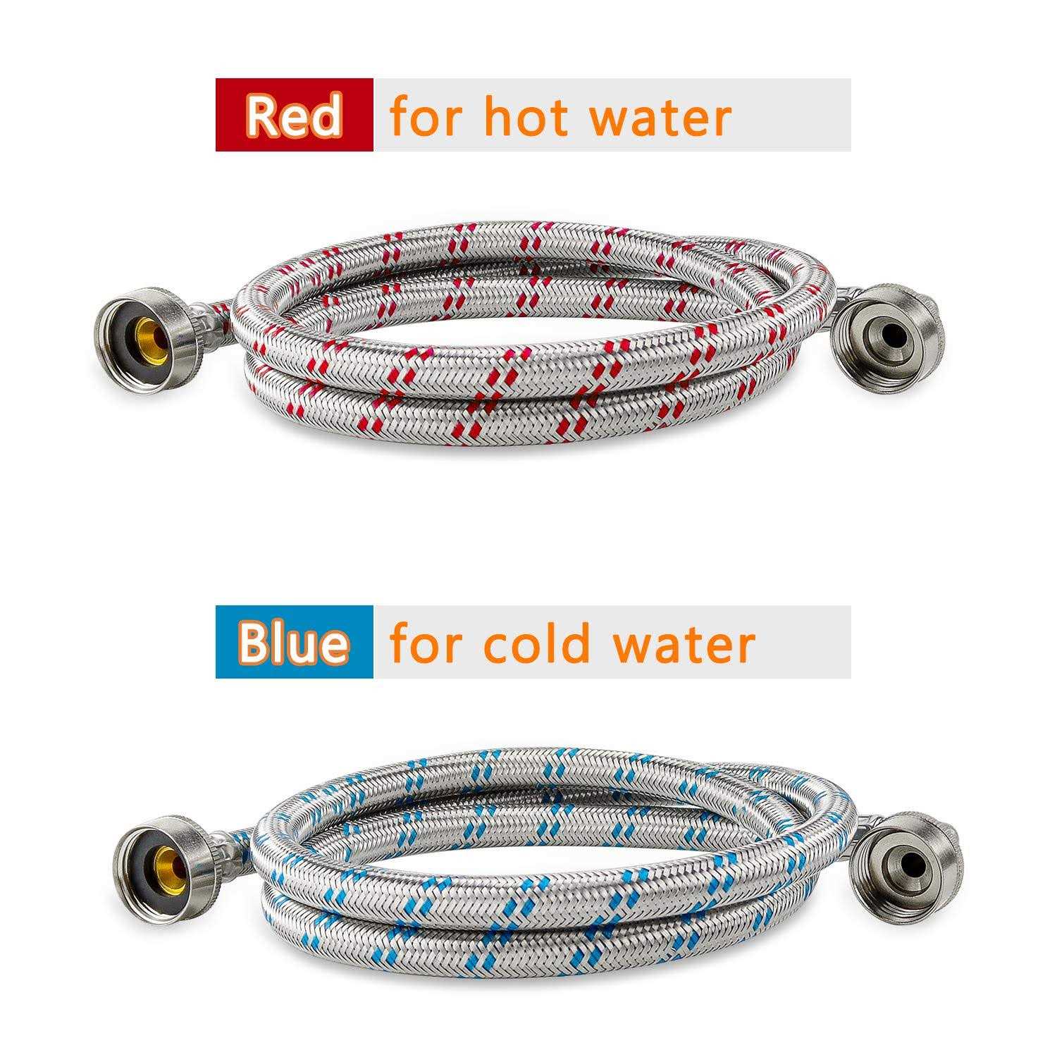 Cenipar Washing Machine Hoses 4feet with 90 Degree Elbow Premium Stainless Steel Burst Proof Red and Blue Striped Water - Cheap Fitting