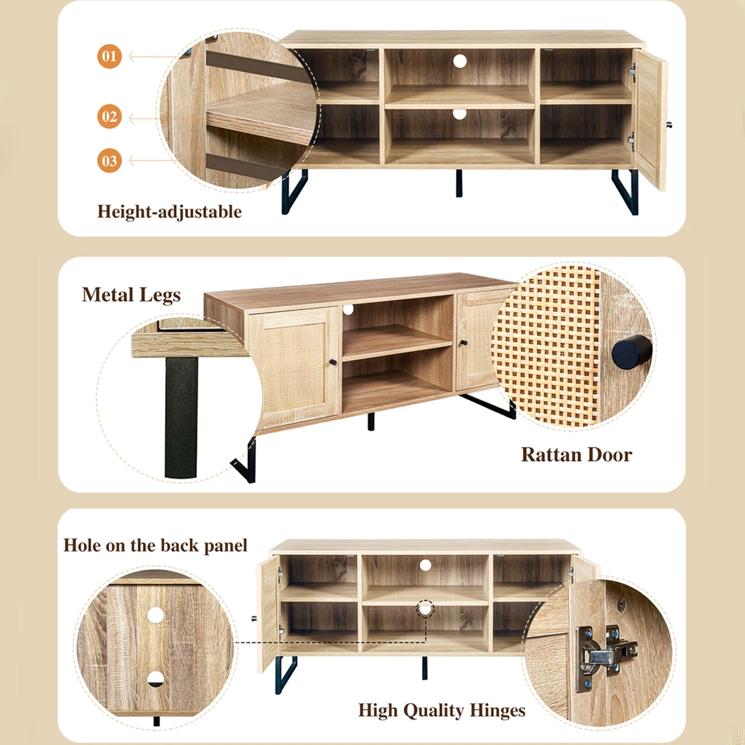 JOYSOURCE Rattan TV Stand, Entertainment Center with Storage and Rattan Door, Modern TV Stand Up to 65 Inch TV - Cheap Fitting