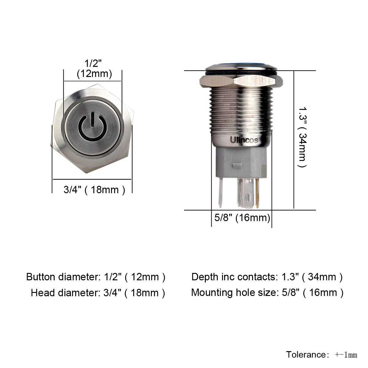 Ulincos Latching Push Button Switch U16F5 1NO1NC SPDT ON/Off Silver Stainless Steel Shell Power Symbol LED Suitable - Cheap Fitting