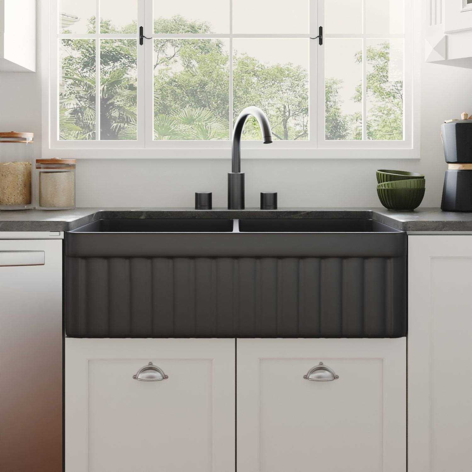 Double Bowl Kitchen Sinks DeerValley DV-1K0013 Nova 33 L x 18 W Fireclay Farmhouse Sink - Cheap Fitting