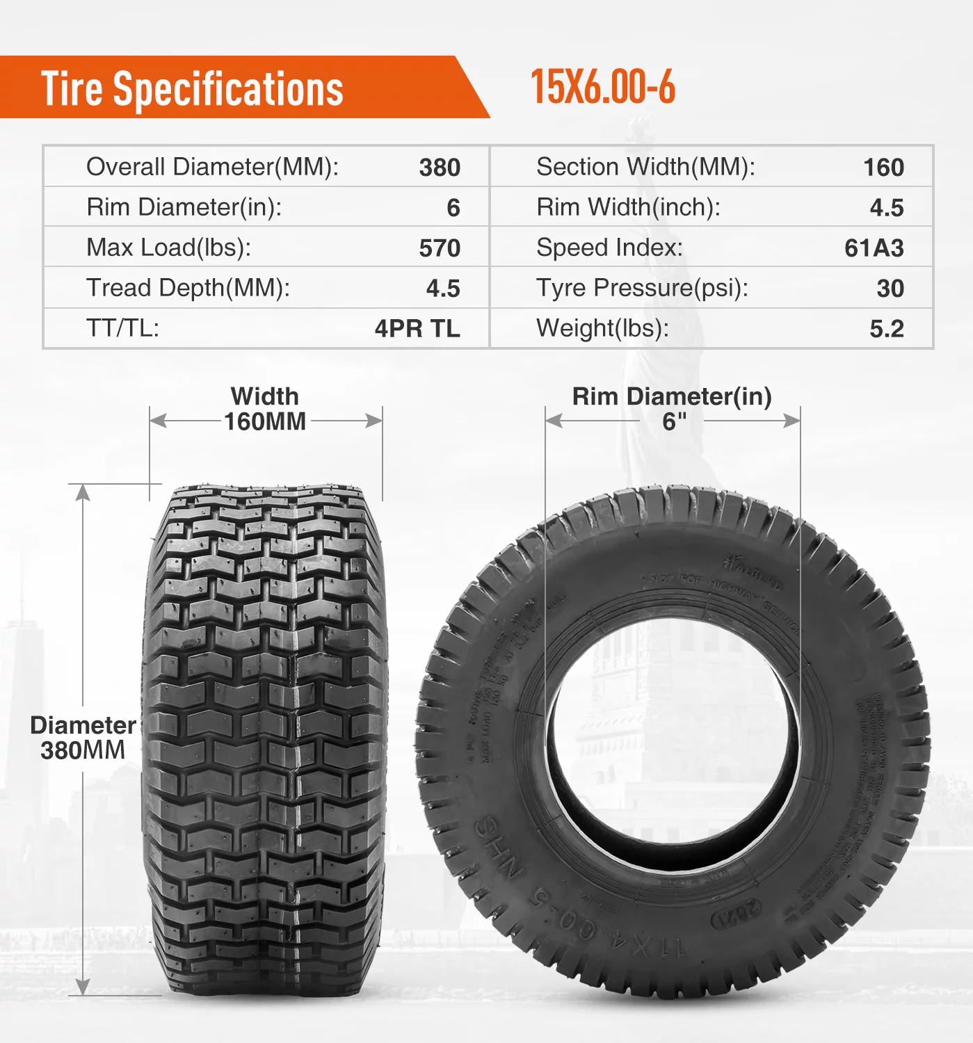 15x6.00-6 15x6-6  Turf Friendly Lawn Tire Great Traction  Lawn Garden Mower Tires for Garden Tractors - Cheap Fitting