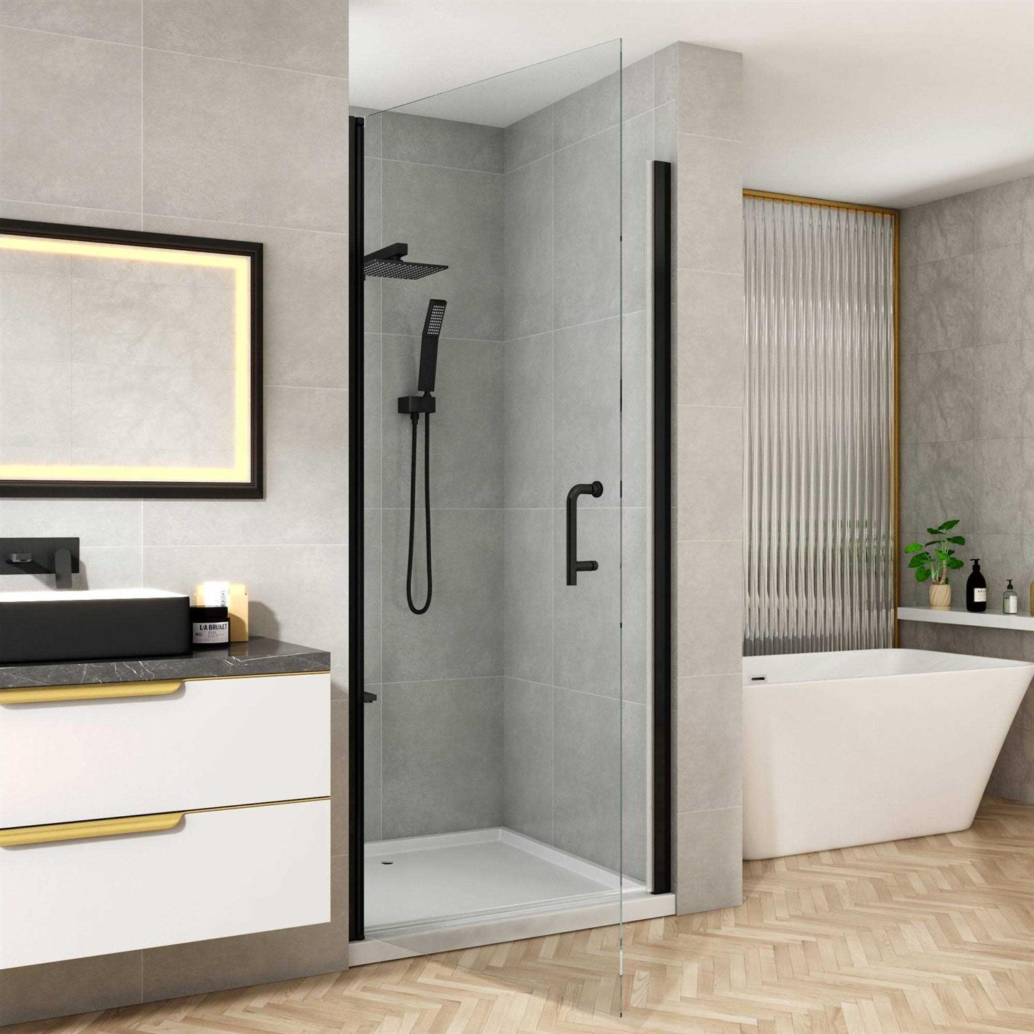 toolkiss 30-31 1/4” in. W x 72 in. H Pivot Swing Minimalist Frameless Shower Door Matte Black Clear Glass TK-KJJSSD3072ODCBFP1 - Cheap Fitting