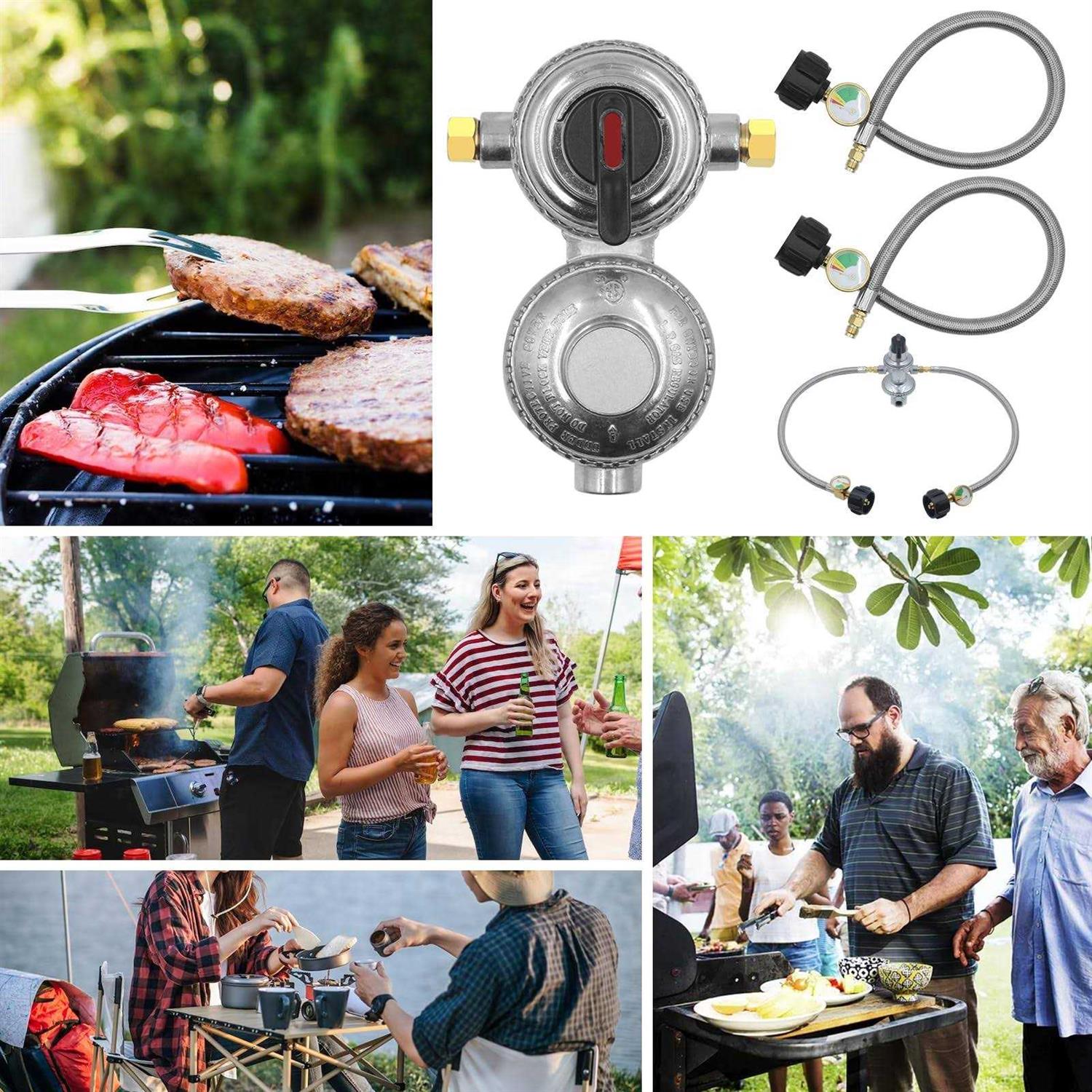 2-Stage Automatic Changeover LP Propane Gas Regulator RV Propane Regulator with Two 18 RV Pigtail Propane Hoses with Gauge - Cheap Fitting