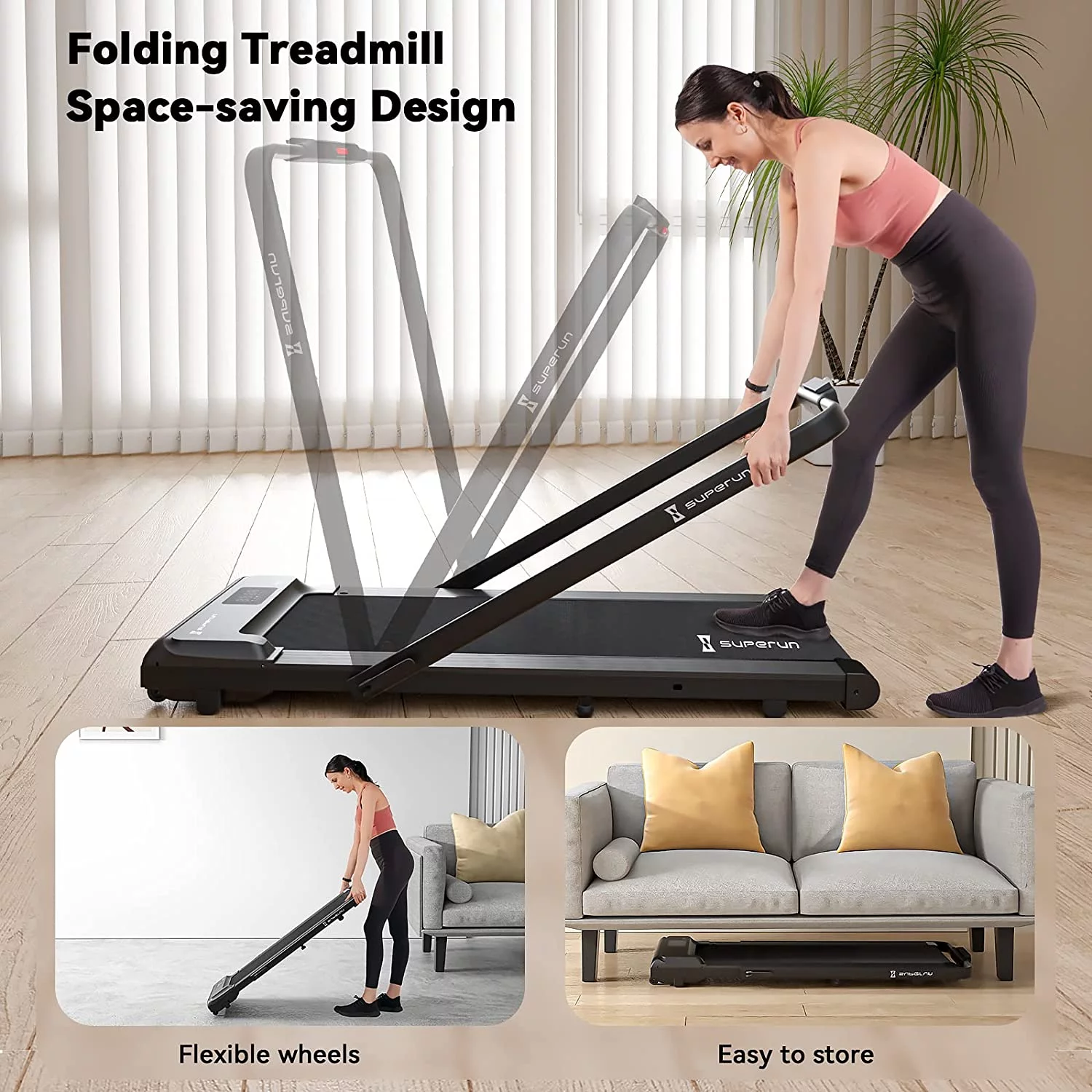 Superun 2 in 1 Folding Treadmill 3 HP Indoor Walking pad with 300lbs Capacity & APP Bracelet & Wider Running Belt(Orange) - Cheap Fitting