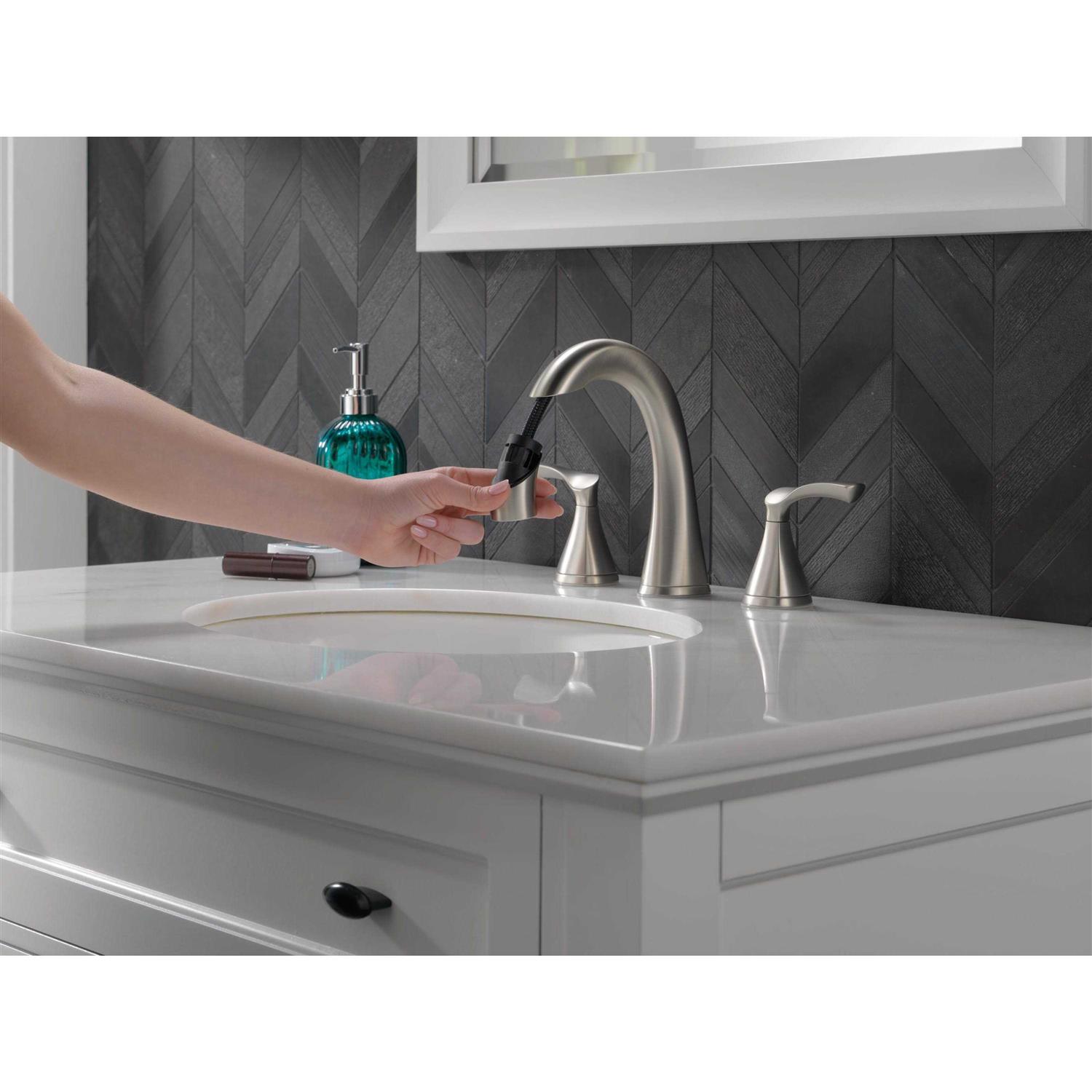 Delta Sandover Spotshield Brushed Nickel 2-handle Widespread WaterSense Bathroom Sink Faucet with Drain - Cheap Fitting