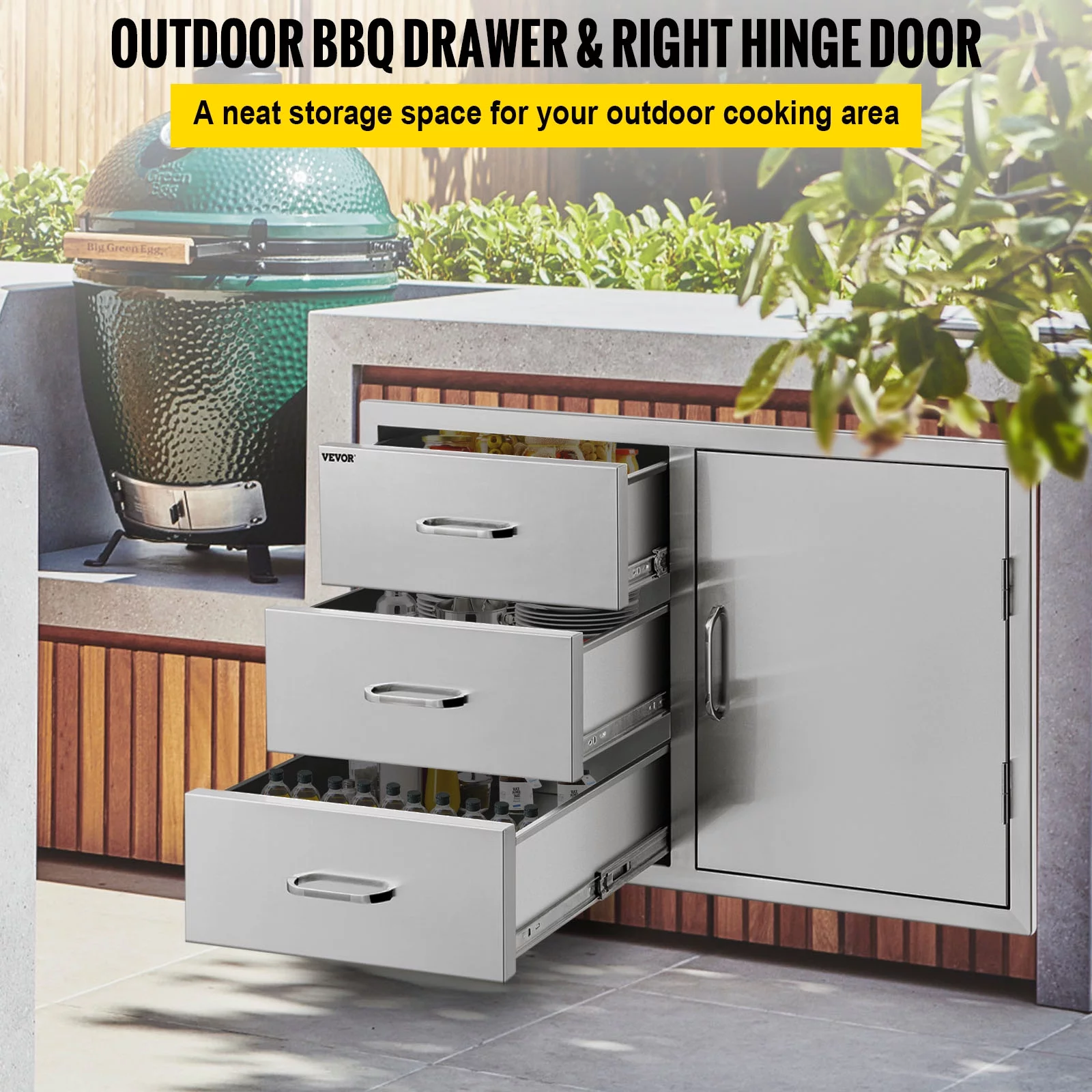VEVORbrand 14x8.5 inch Outdoor Kitchen Drawers Stainless Steel, Flush Mount Double Drawers,14Wx8.5Hx23D inch, with Stainless Steel Handle, BBQ Drawers for Outdoor or BBQ Island - Cheap Fitting