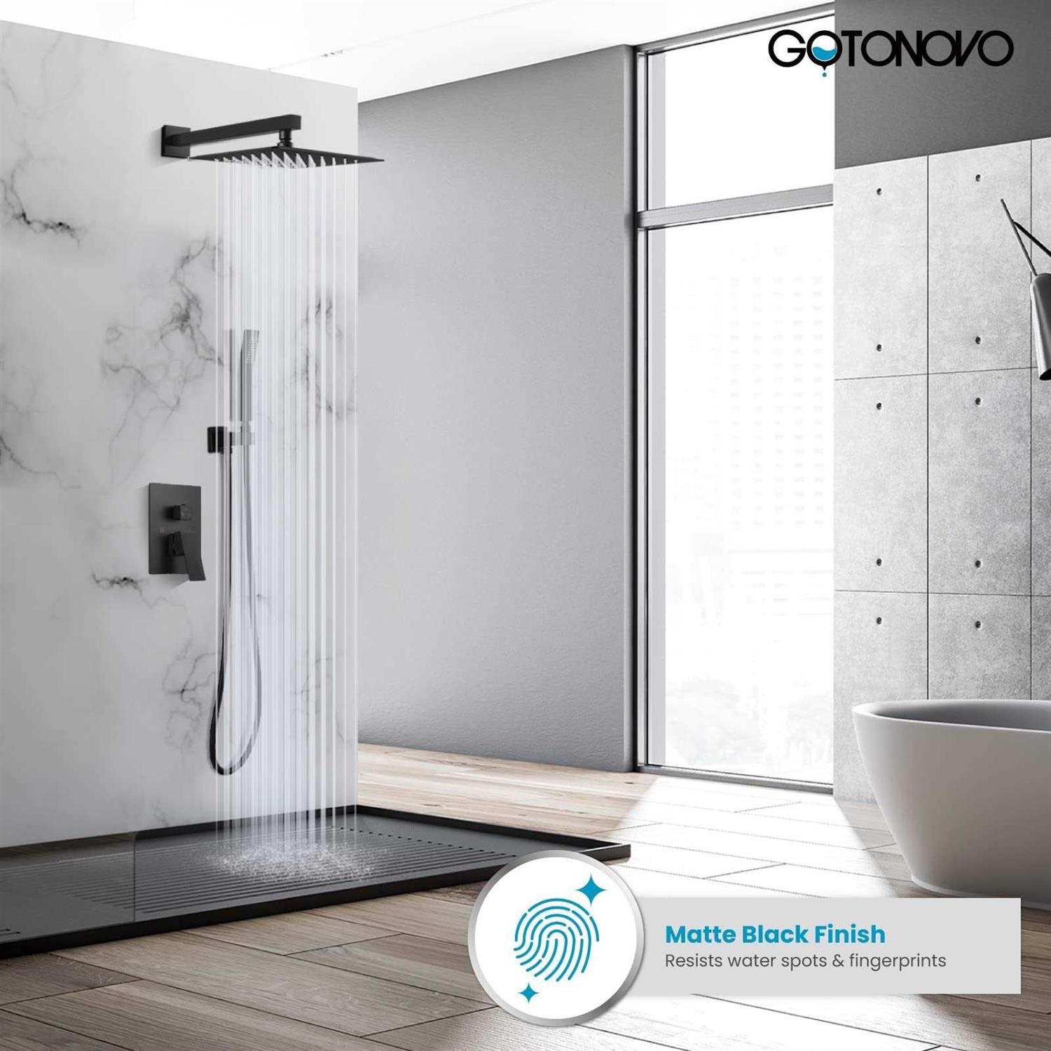 gotonovo Rainfall Shower System Matte Black with High Pressure 10 inch Shower Head Hand Held Square Shower Head Bathroom Luxury Rain - Cheap Fitting
