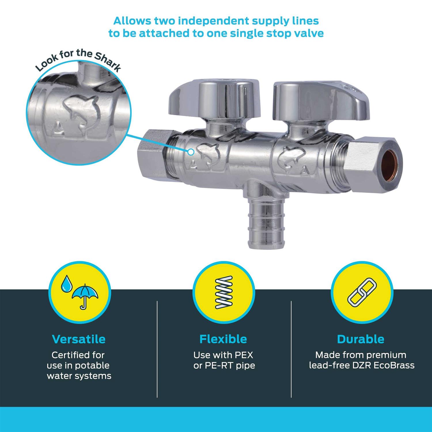 SharkBite 1/2-in Pex Barb x 3/8-in Od Compression Brass Quarter Turn Dual shut-off valve Stainless Steel - Cheap Fitting