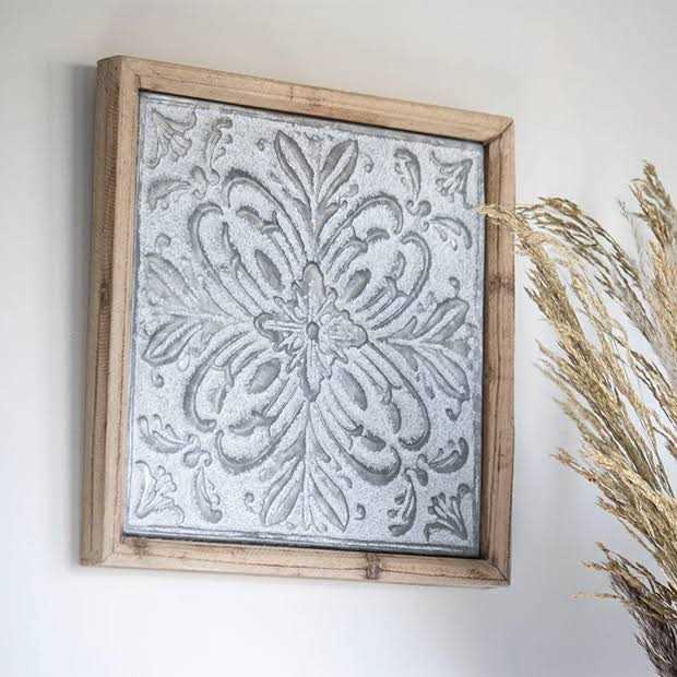 Foreside Home & Garden Whitewashed Tin Tile with Wood Frame Wall Decor - Cheap Fitting
