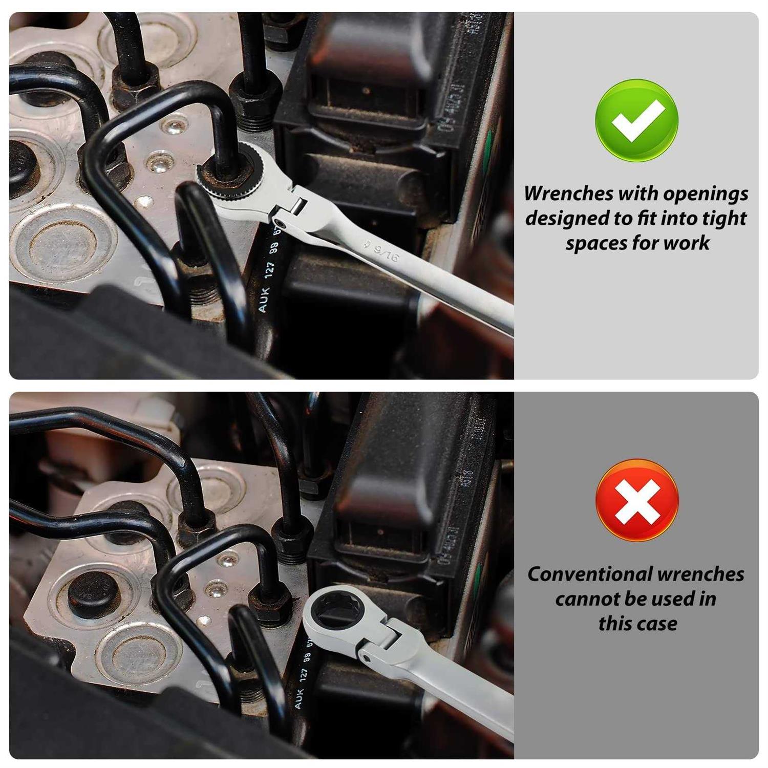 LOSCHEN 1PC Open Flex-Head Ratcheting Wrench Metric Ratcheting Spanner with 72 Teeth - Cheap Fitting