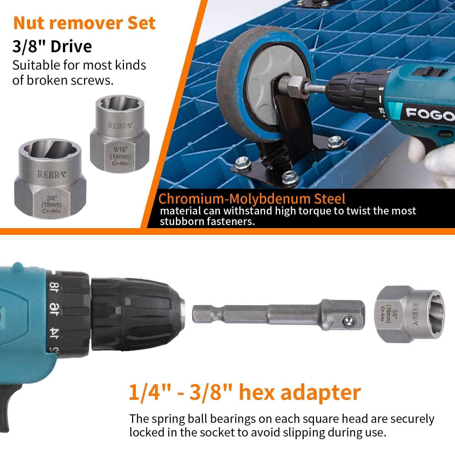 REBRA Screw&Bolt Extractor Set and Left-Hand Drill Bit Set with Hex Adapter - Cheap Fitting