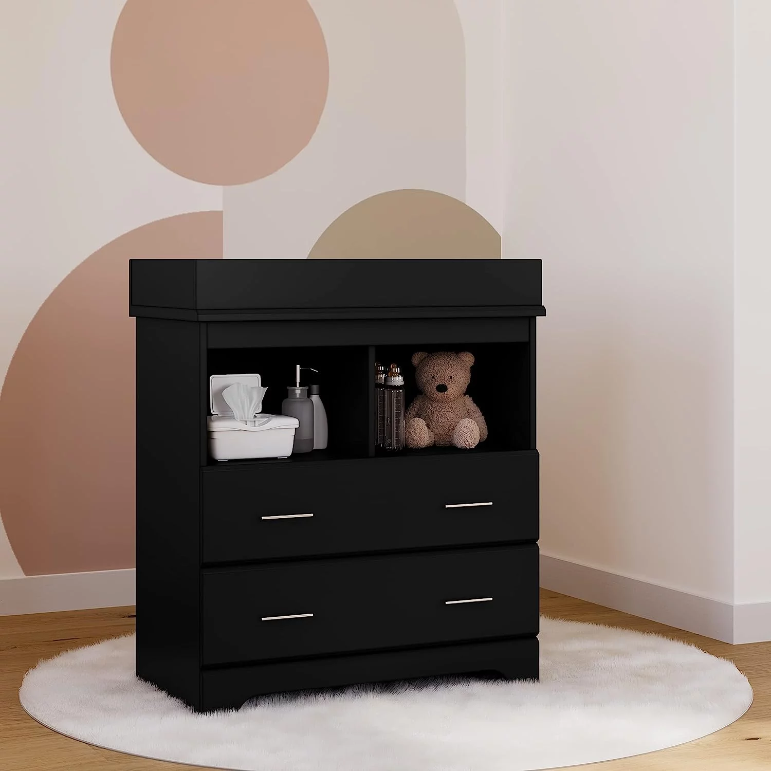 Storkcraft Brookside 2 Drawer Changing Table Dresser (Black) \u2013 Nursery Dresser Organizer with Changing Table Topper  Chest of Drawers for Bedroom with 2 Drawers  Universal Design - Cheap Fitting
