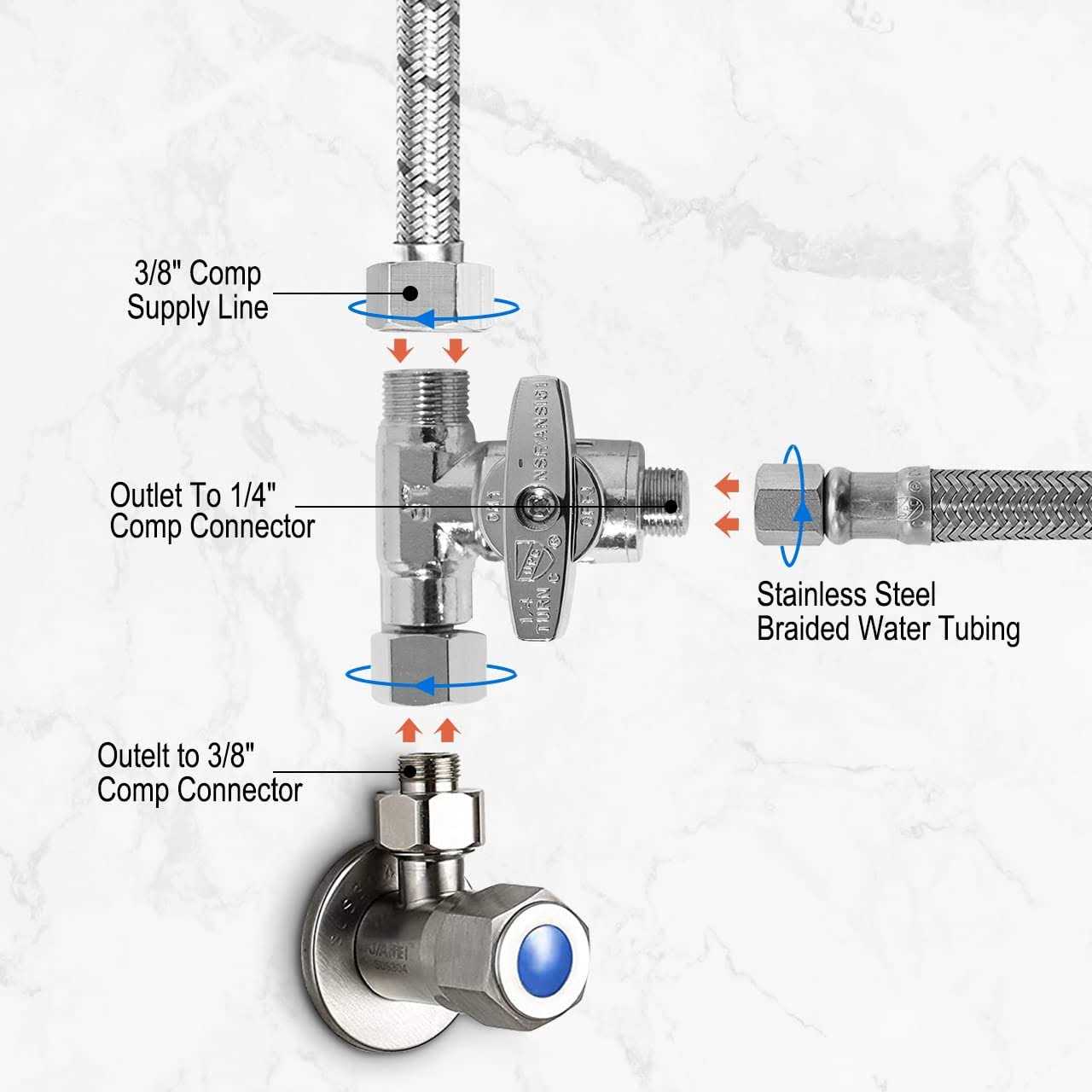 Yeleah Feed Water Adapter Tee Angle Stop Adapter Valve 1/4X3/8X3/8 Inch Water Line Adapter Compression Valve For Reverse Osmosis Refrigerator Ice - Cheap Fitting