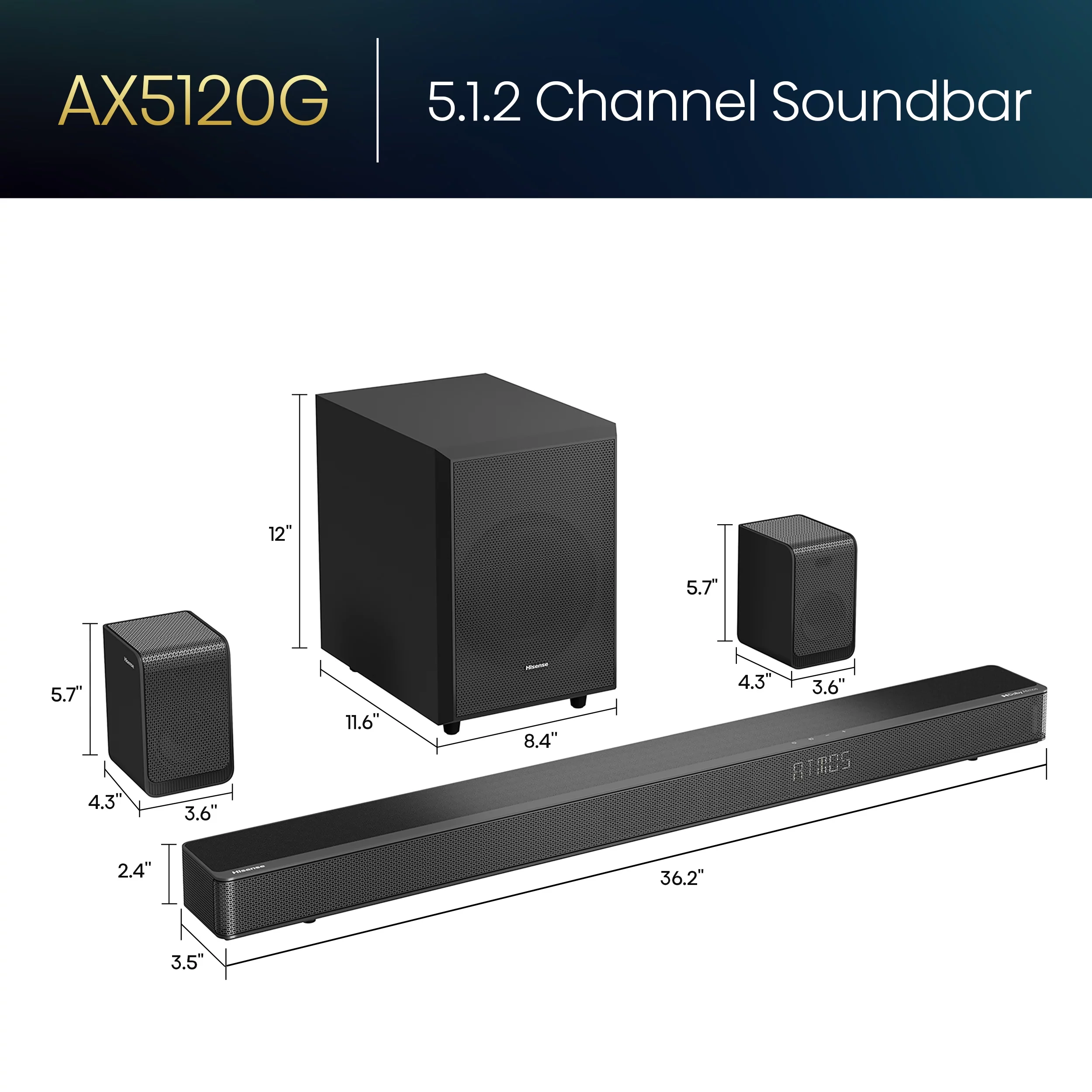 Hisense AX Series 5.1.2 Ch 420W Soundbar with Wireless Subwoofer, Wireless Rear Speakers, and Dolby Atmos (AX5120G, 2023 Model) - Cheap Fitting