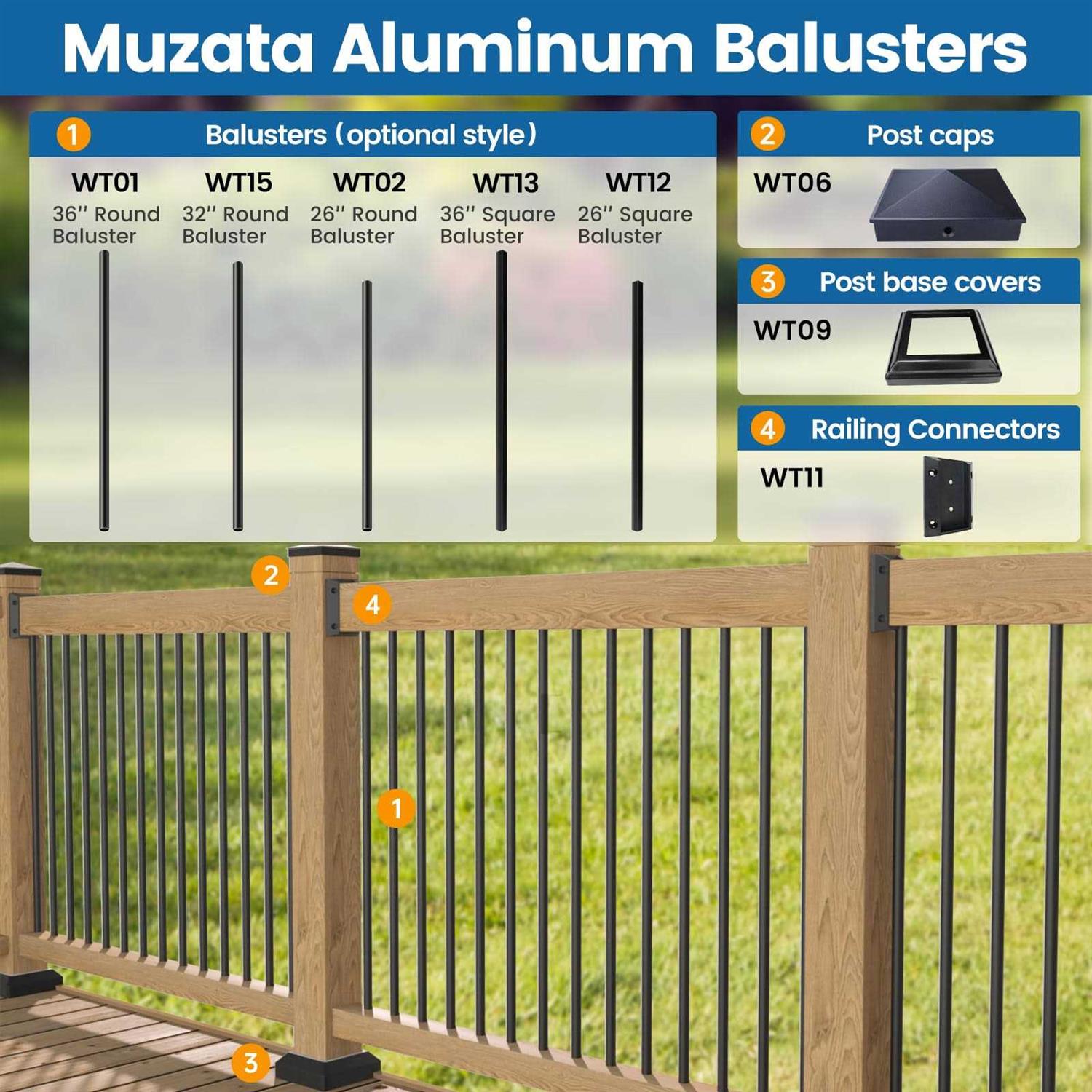 Muzata Aluminum Round Railing Hollow for Wood and Composite Deck MZZ1524 - Cheap Fitting