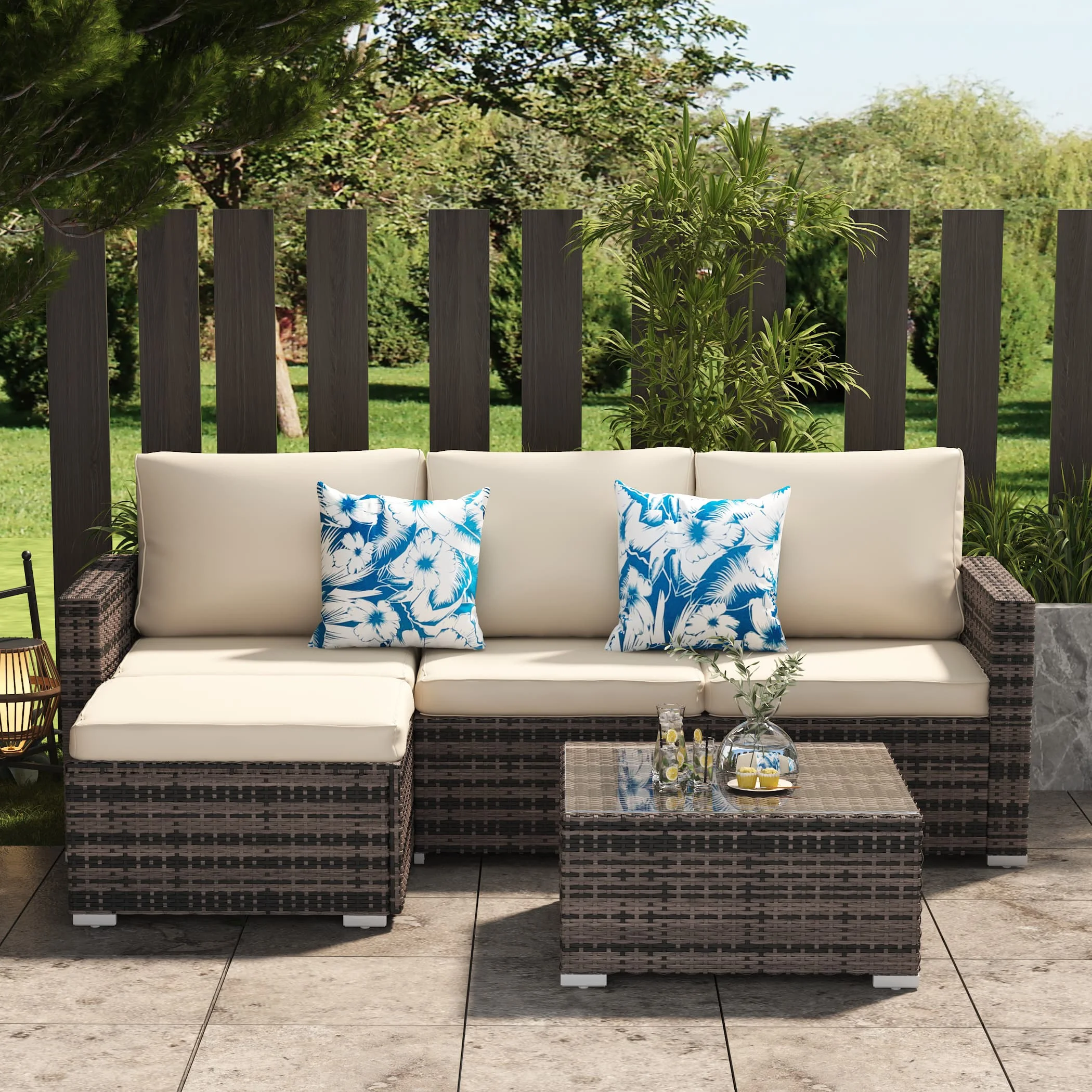 SUNTONE Patio Conversation Sofa Set - 3 Piece All Weather Wicker Outdoor Furniture Set, Gray Rattan & Black Cushions - Cheap Fitting