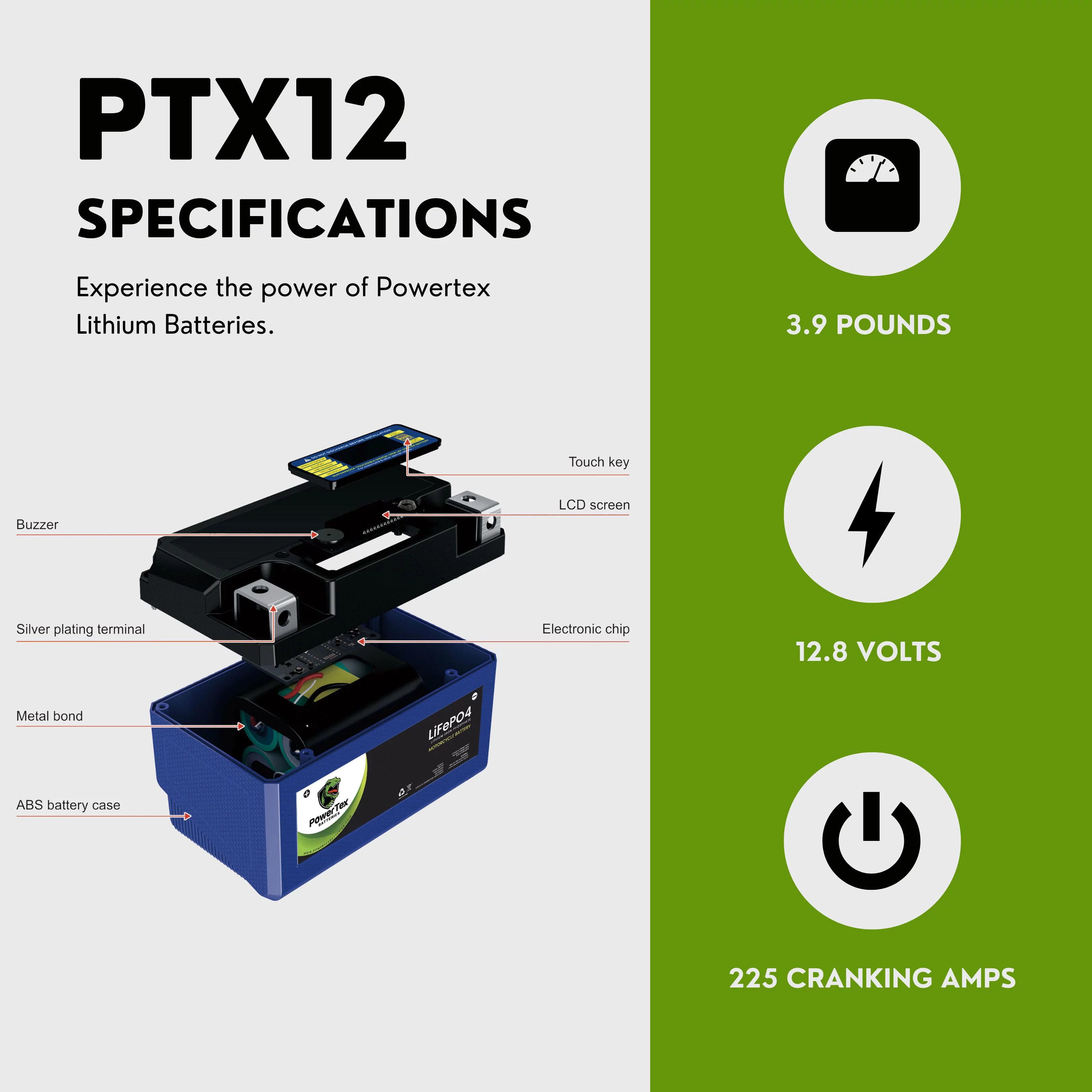 PowerTex Batteries YTX12-BS Lithium Iron Phosphate LiFePO4 Motorcycle Battery with 225 CA, Voltage Display, Lightweight, 5-10 Year Lifespan - Fast Charging SLA Drop-In Rechargeable Replacement - Cheap Fitting