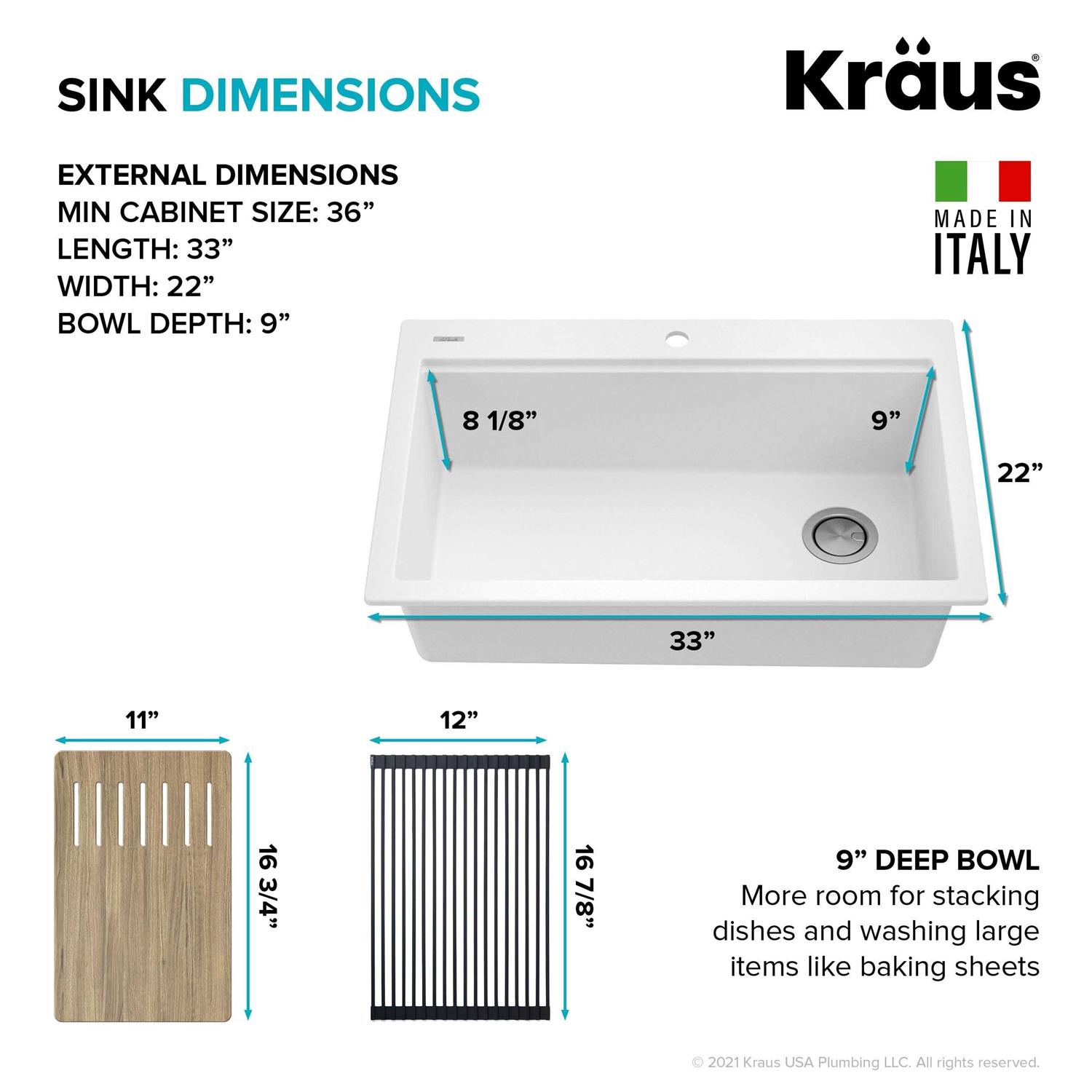 Kraus KGTW12-18WH 18 In. Bellucci Granite Composite Workstation Drop-In Top Mount Single Bowl Kitchen Bar Sink with Accessories - Cheap Fitting