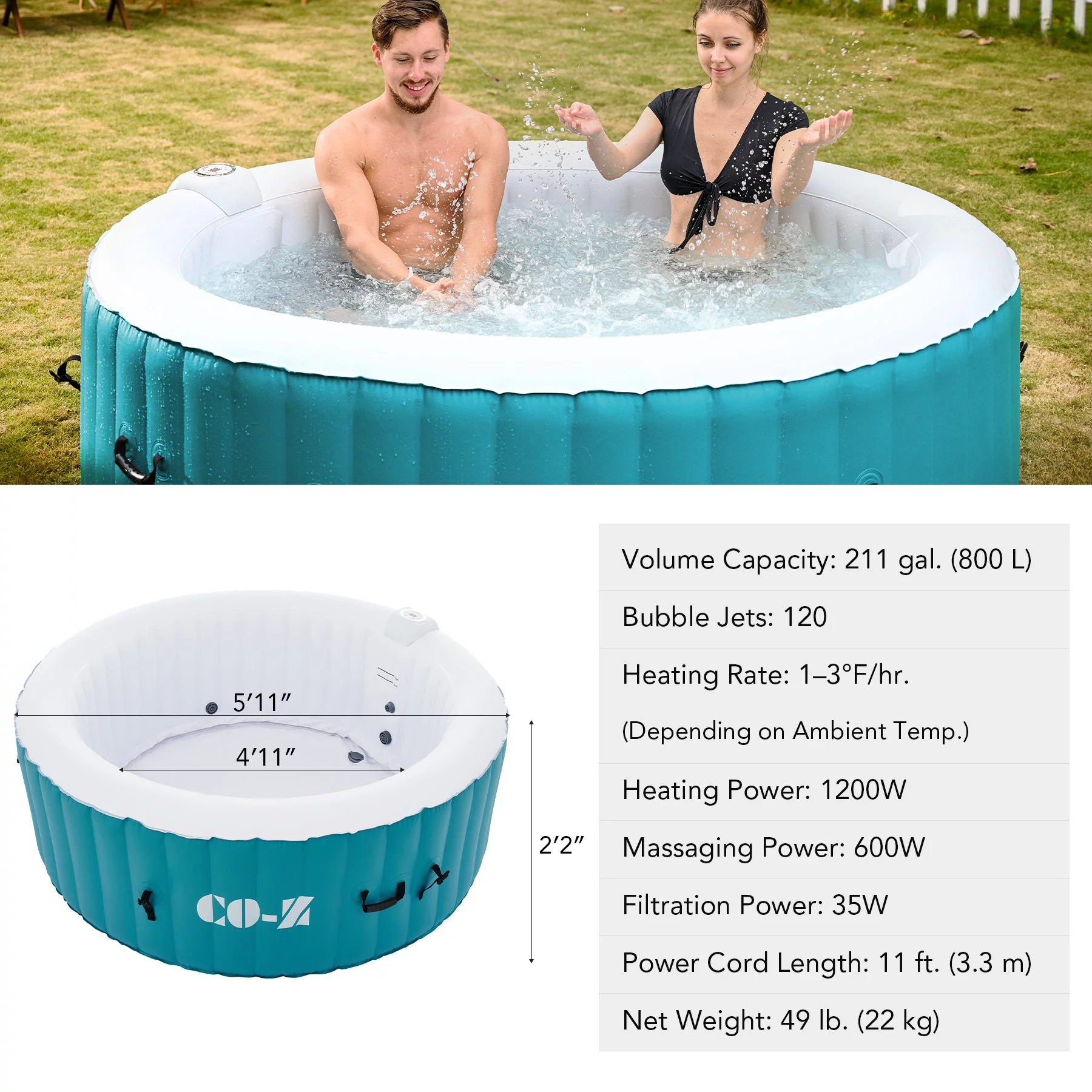 CO-Z 4 Person 6ft Inflatable Hot Tub Pool with Massage Jets and All Accessories Teal - Cheap Fitting