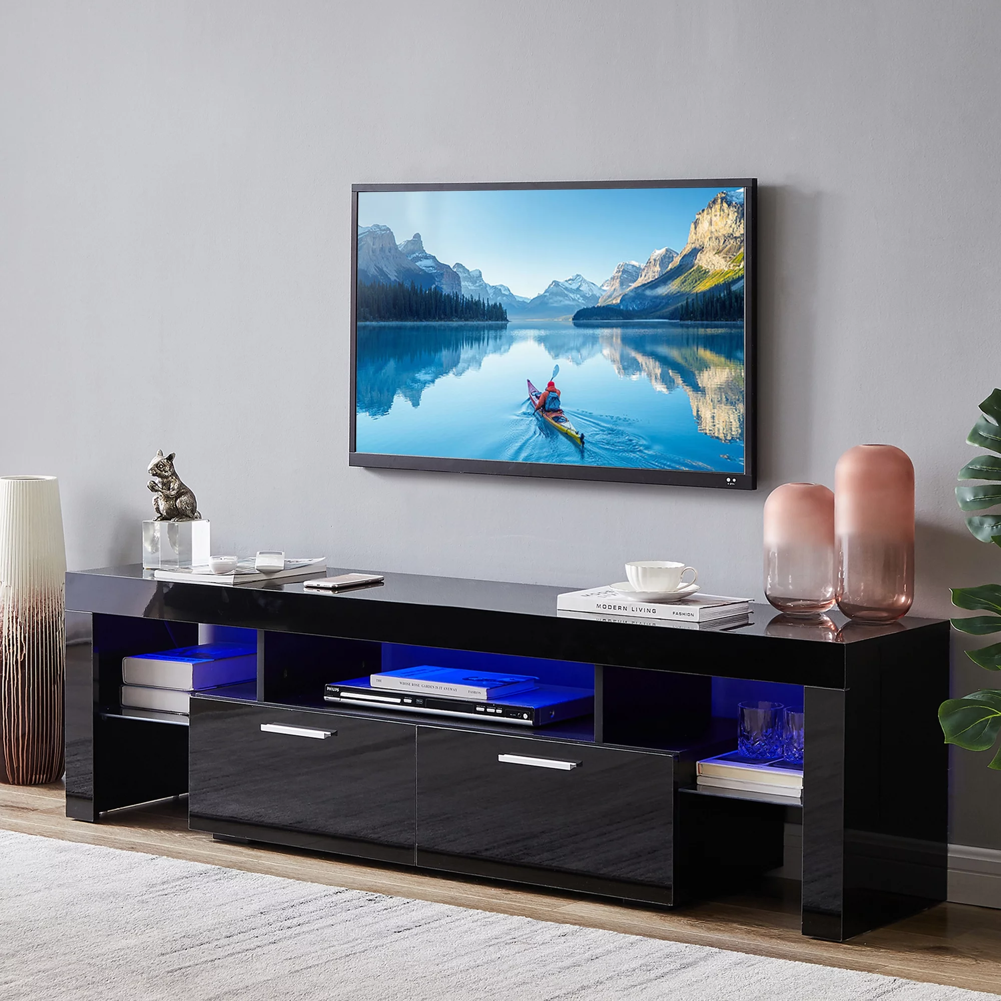 Black TV Stand with 16 Colors LED Remote Control Lights, TV Console Cabinet Table for TV up to 70