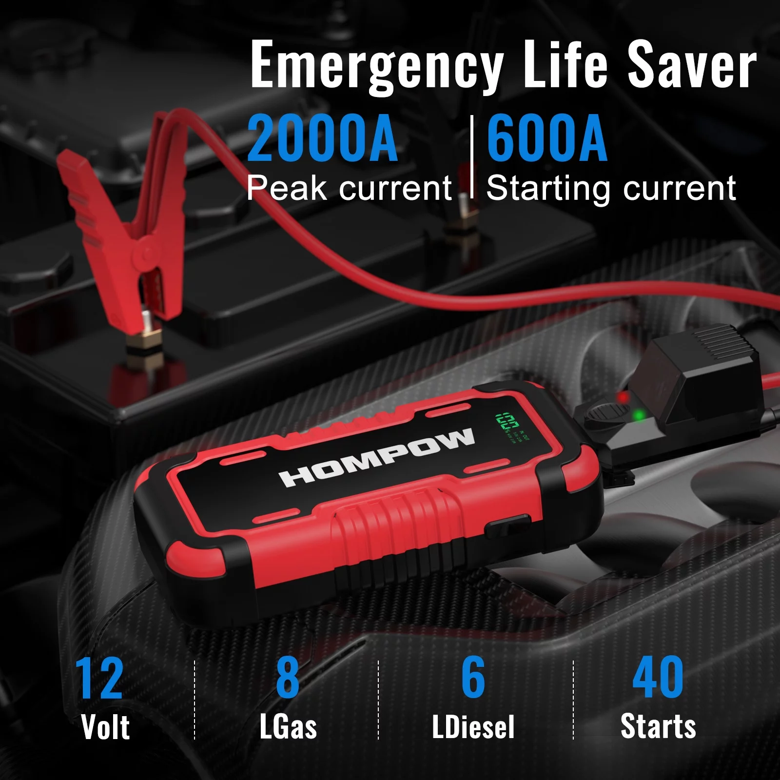 Car Jump Starter, HOMPOW 2000A Peak 18000mAh Lithium Jump Starter Battery Pack for up to 8L Gas or 6L Diesel Engine, Safe 12V Portable Battery Starter Power Pack with LED Screen & LED Light - Cheap Fitting