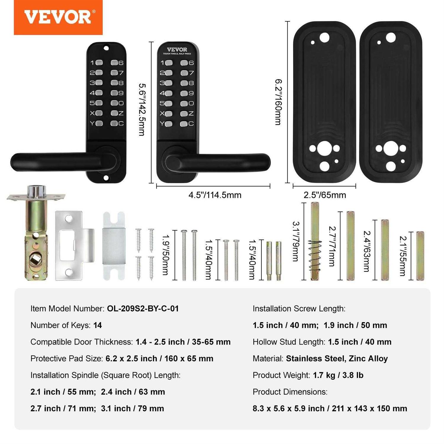 VEVOR Mechanical Keyless Entry Door Lock, 14 Digit Keypad, Water-proof Zinc Alloy, Double-sided Embedded Outdoor Gate Door Locks Set with Keypad and - Cheap Fitting