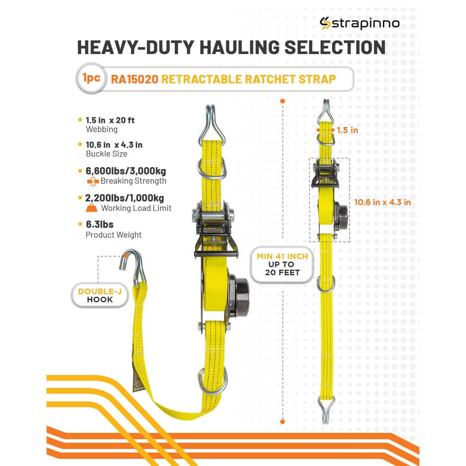 Strapinno Retractable Ratchet Tie-Down Strap Heavy-Duty Strap with Double J Hooks - Cheap Fitting