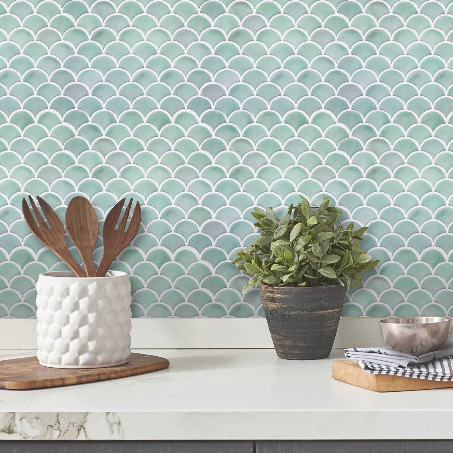 RoomMates Scallop Peel and Stick Backsplash Aqua - Cheap Fitting