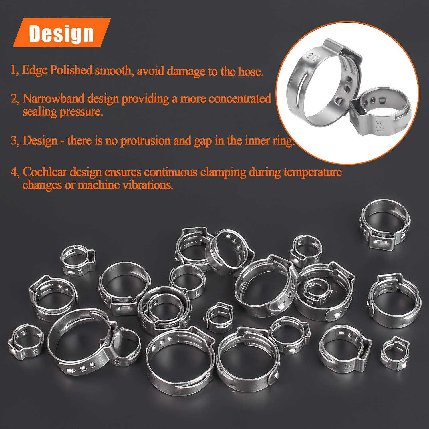 Helifouner 90 Pieces 1/4-15/16 304 Stainless Steel Single Ear Hose Clamps with Pincers Kit - Cheap Fitting