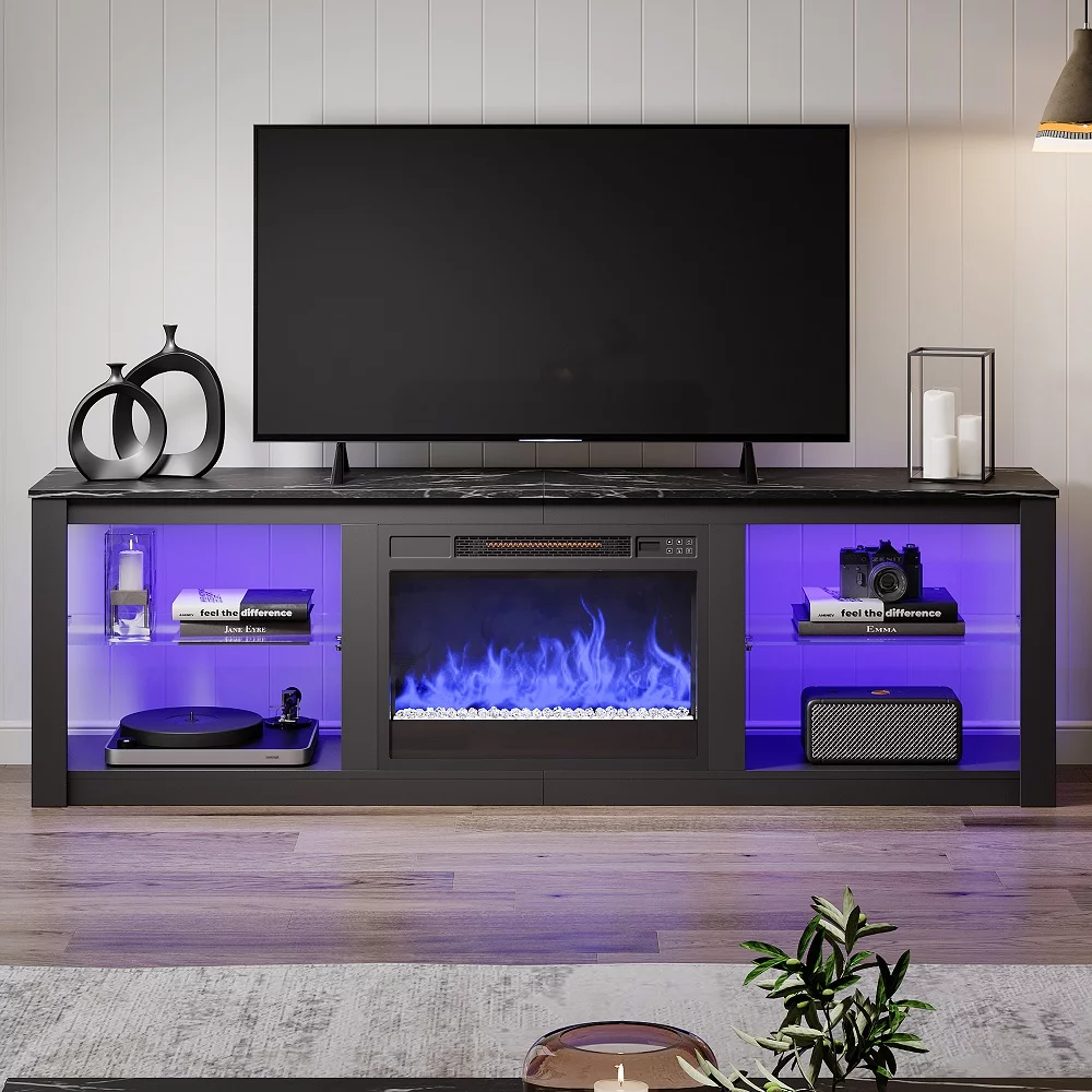 Bestier Electric Fireplace TV Stand for 75inch TV, Farmhouse Entertainment Center with LED Light for Living Room in Wash Grey - Cheap Fitting