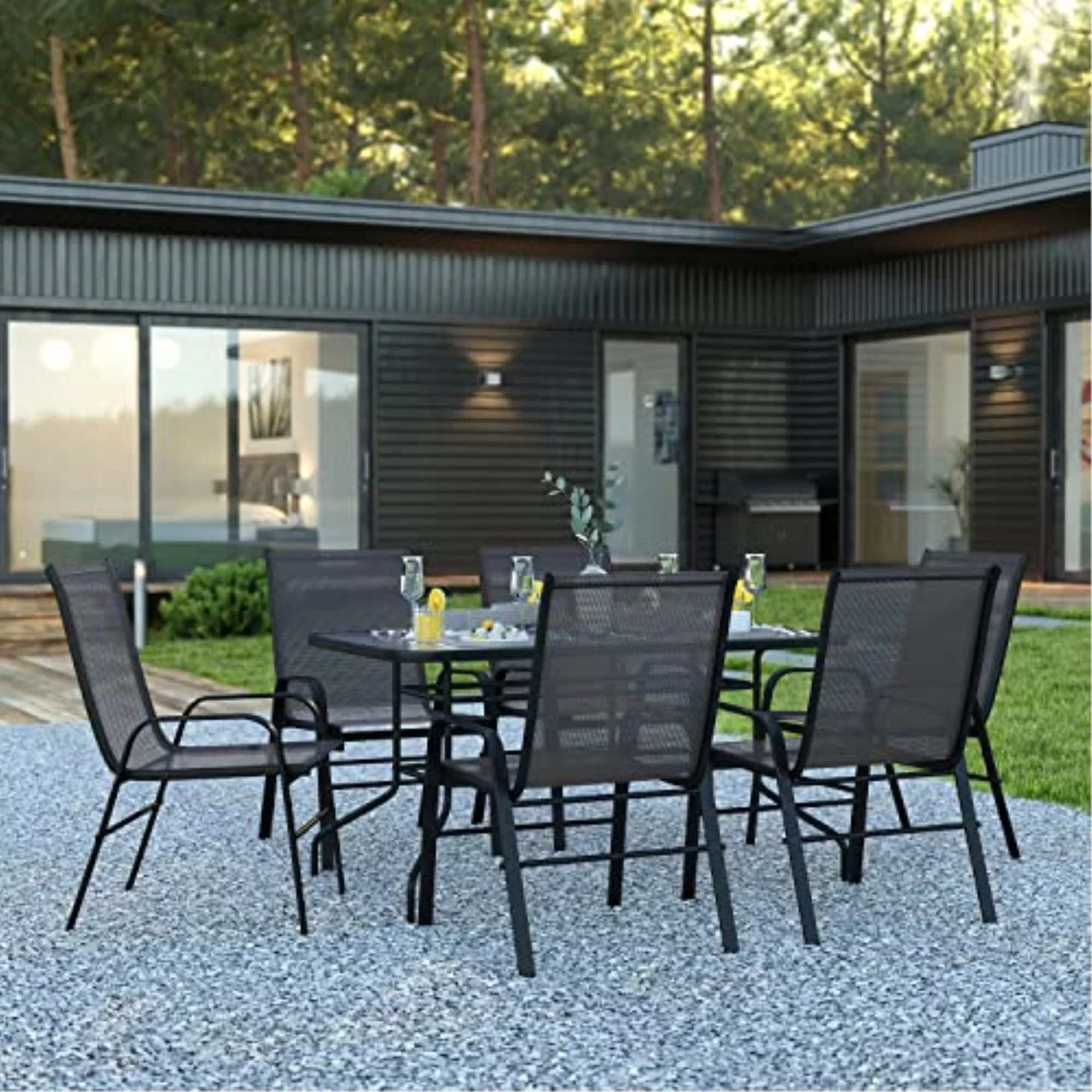 Flash Furniture Brazos Series 7-Piece Outdoor Rippled Glass Patio Table Set with 6 Chairs, Black - Cheap Fitting