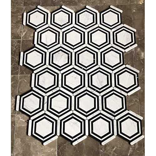 StoneCenterOnline Carrara White Marble Hexagon Nero Strip Geometric Mosaic Tile Honed - Cheap Fitting