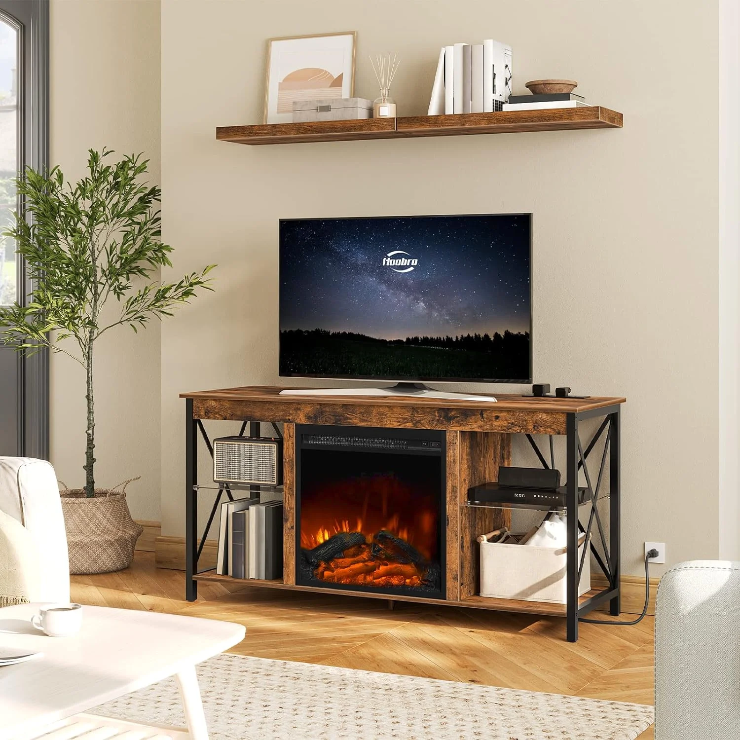 HOOBRO Fireplace TV Stand with Led Lights and Power Outlets Rustic Brown BF120UDDS01 - Cheap Fitting