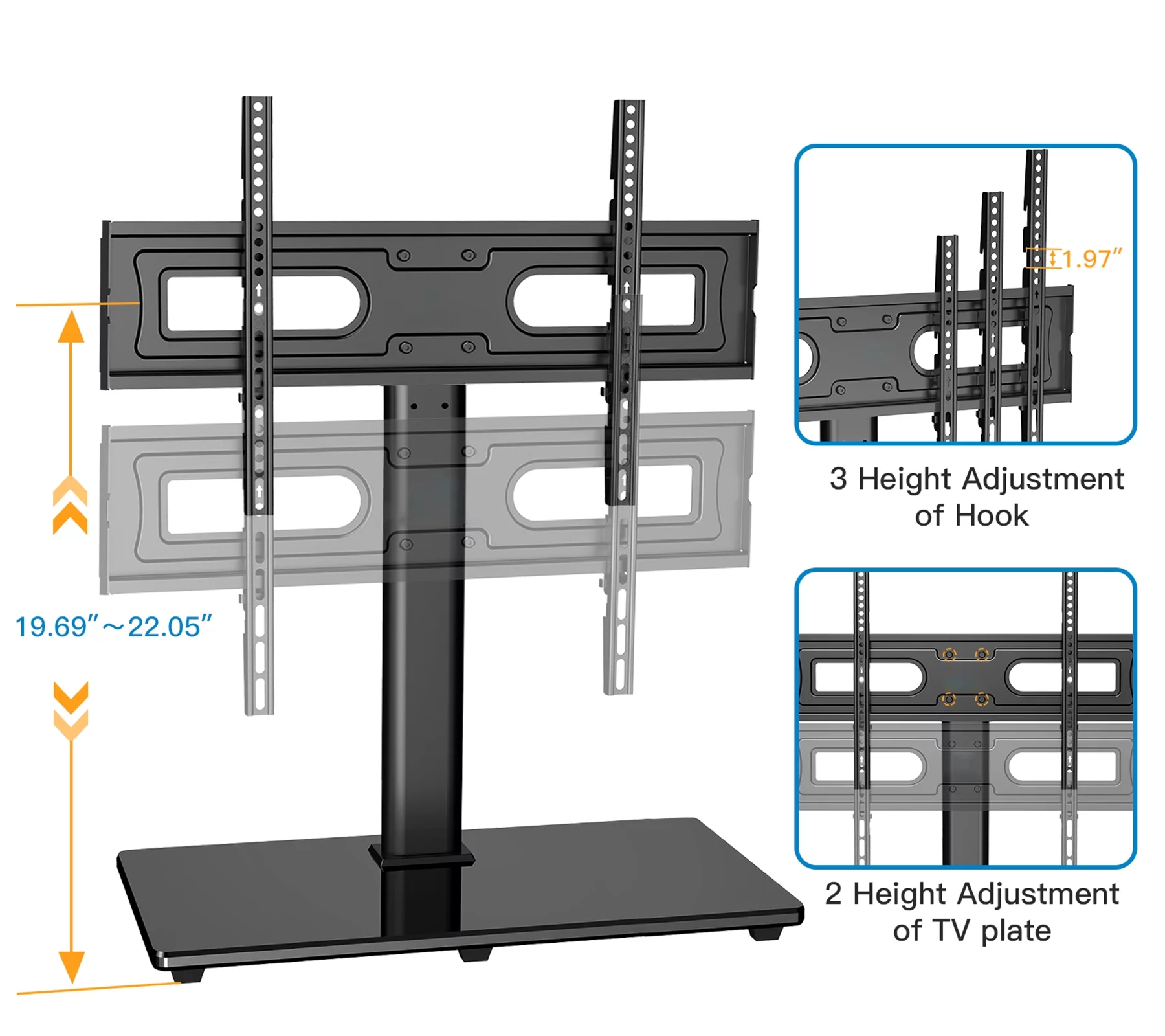 Universal Swivel Table Top TV Stand Mount Height Adjustable with Tempered Glass Base for 37-75 Inch TVs, Hold up to 99lbs, Max 600x400mm - Cheap Fitting